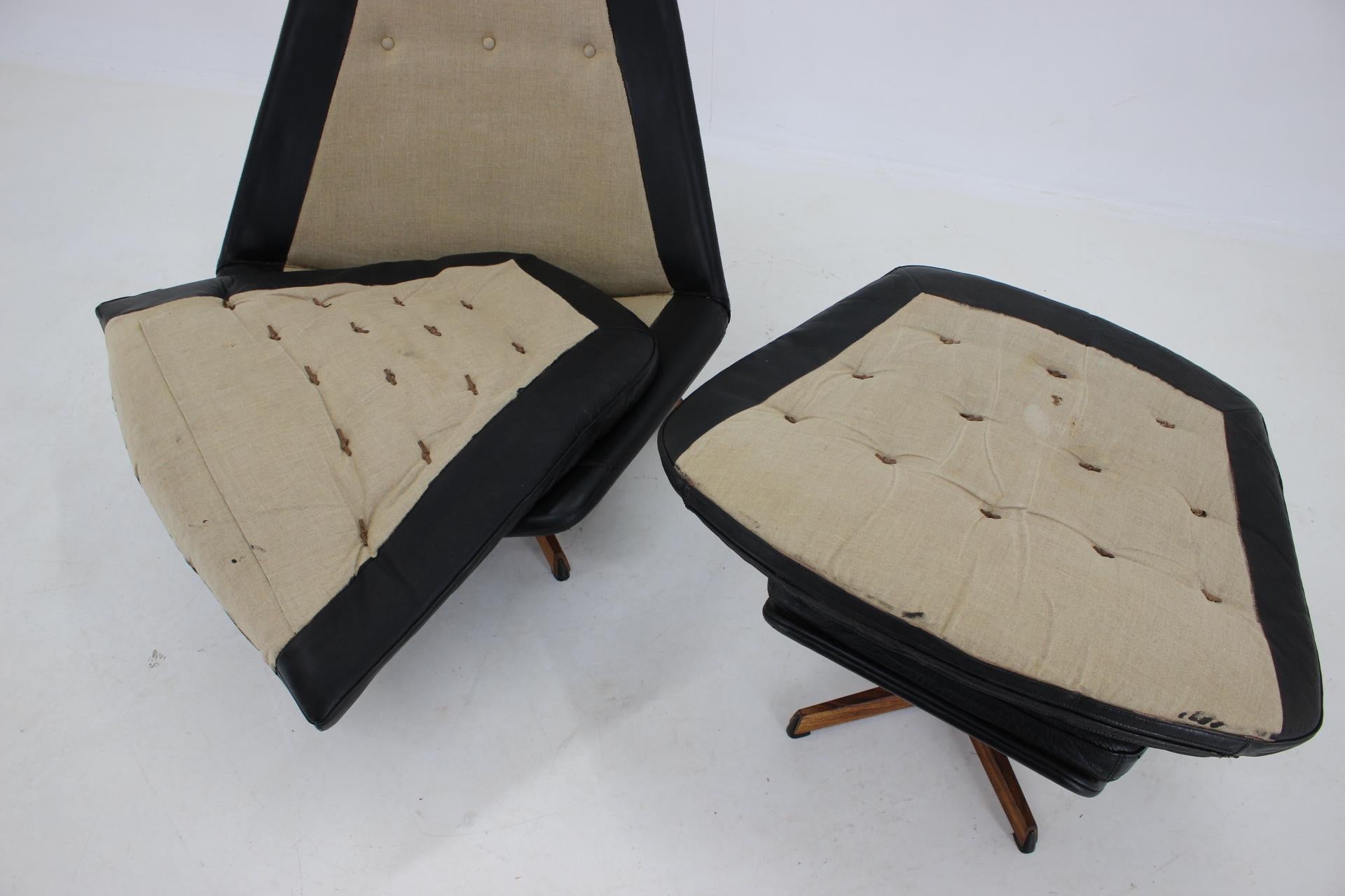 1960s Madsen and Schubell Black Leather Reclining Chair and Stool, Denmark 7