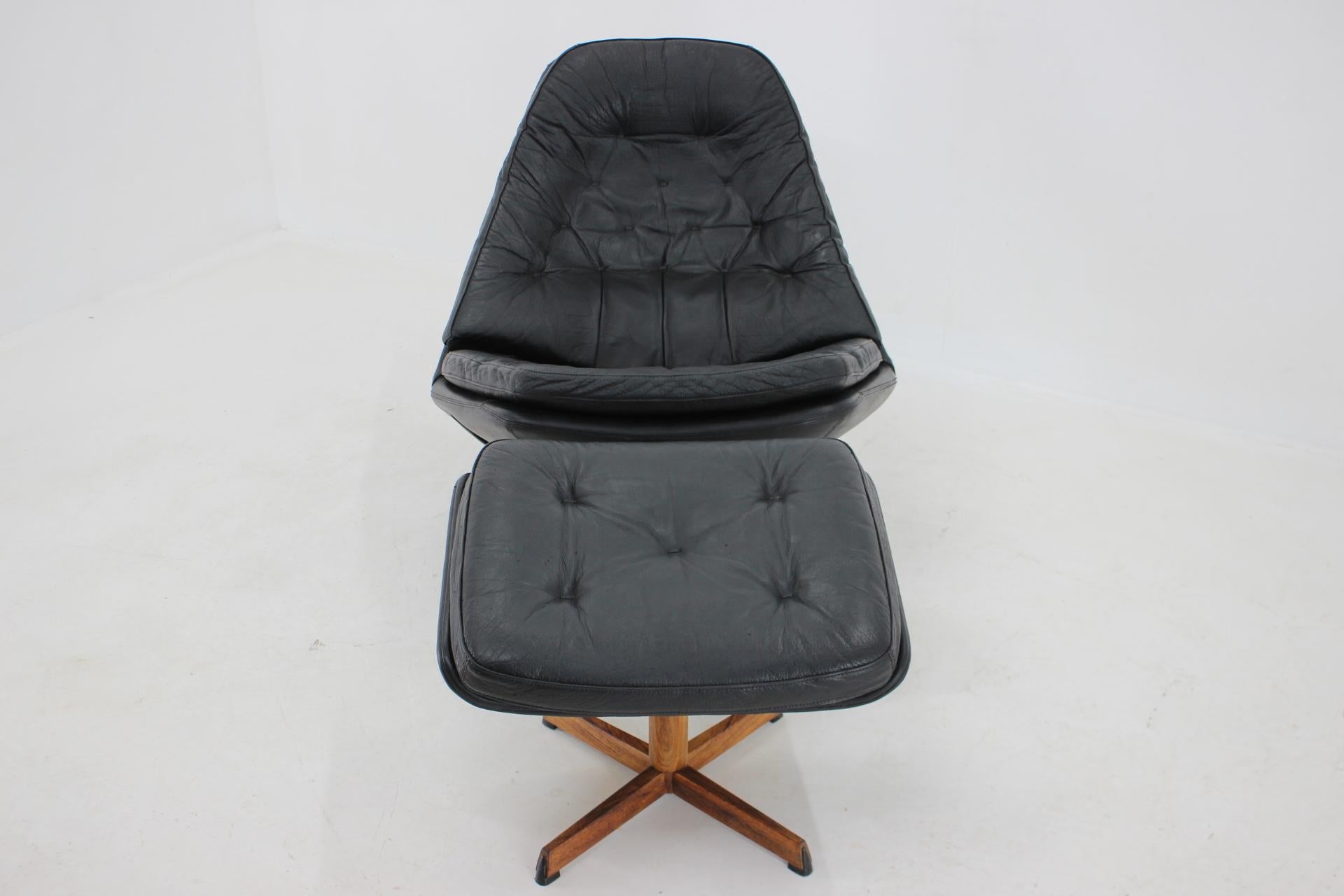 Mid-Century Modern 1960s Madsen and Schubell Black Leather Reclining Chair and Stool, Denmark