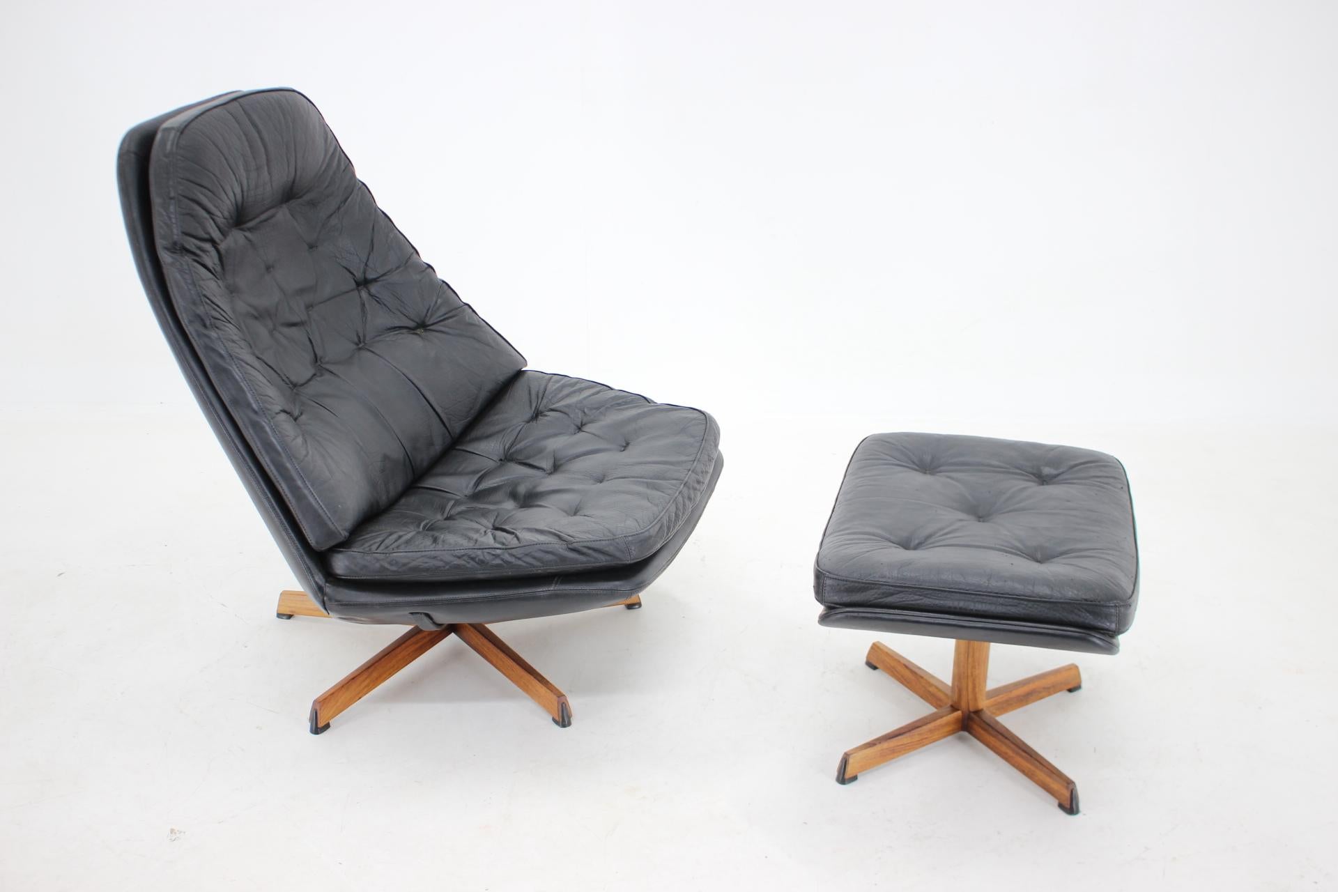 Danish 1960s Madsen and Schubell Black Leather Reclining Chair and Stool, Denmark