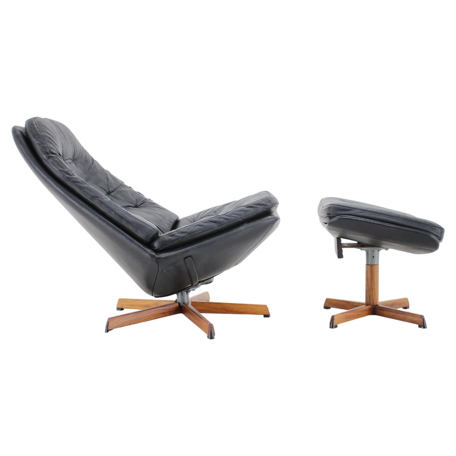 1960s Madsen and Schubell Black Leather Reclining Chair and Stool, Denmark
