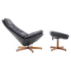 1960s Madsen and Schubell Black Leather Reclining Chair and Stool, Denmark