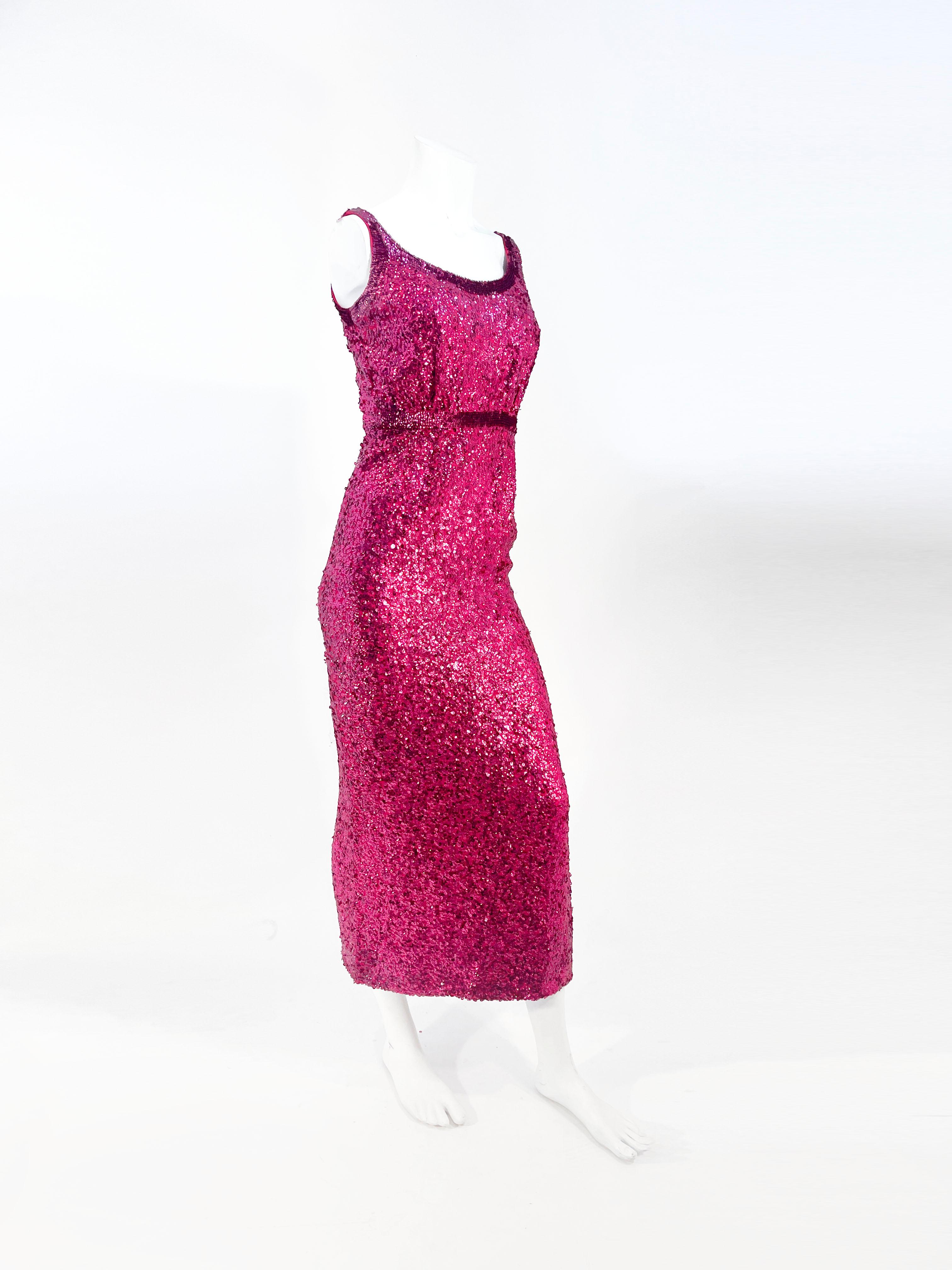 1960s Magenta Sequin Column Gown In Good Condition For Sale In San Francisco, CA