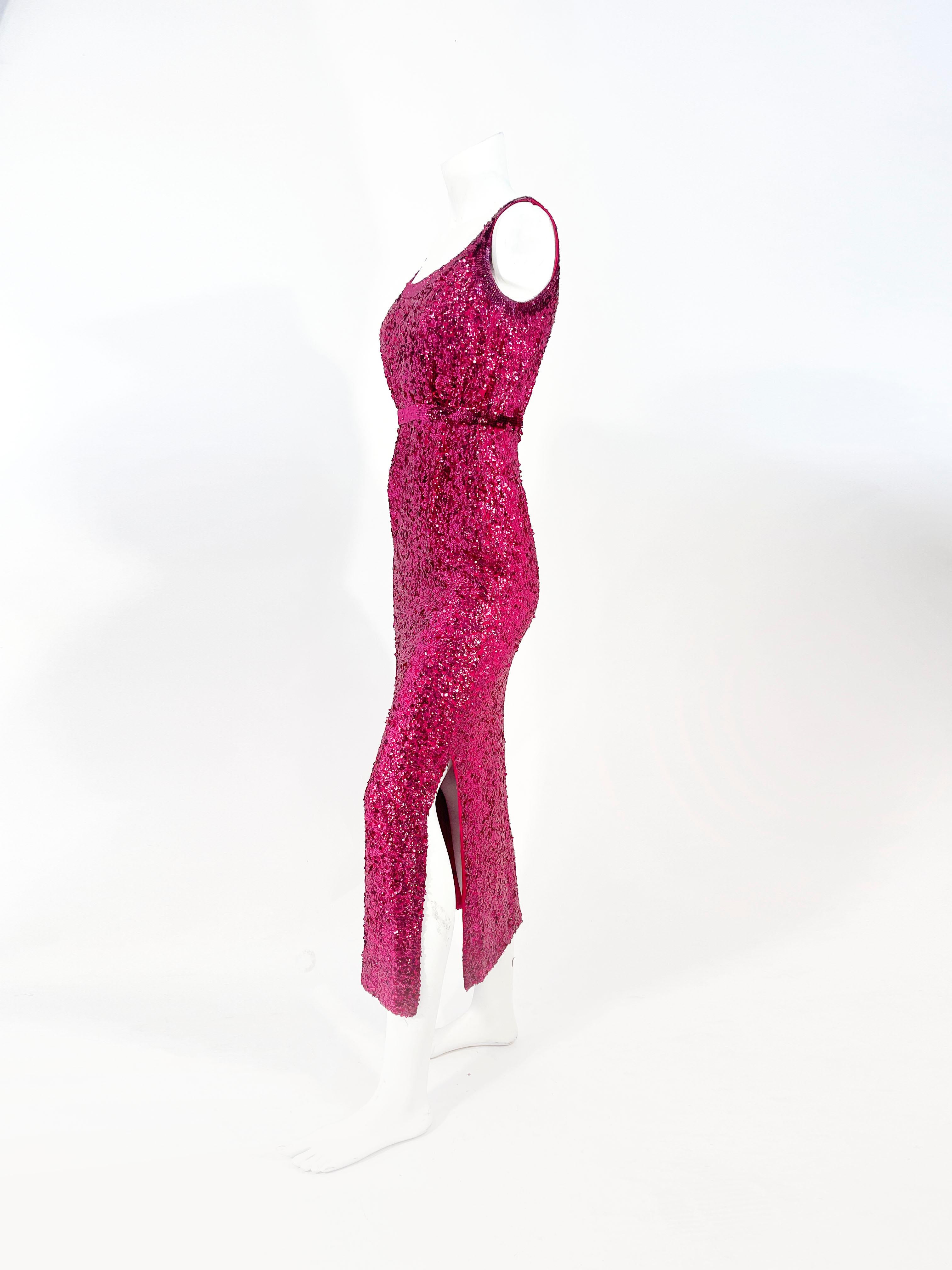 1960s Magenta Sequin Column Gown For Sale 1