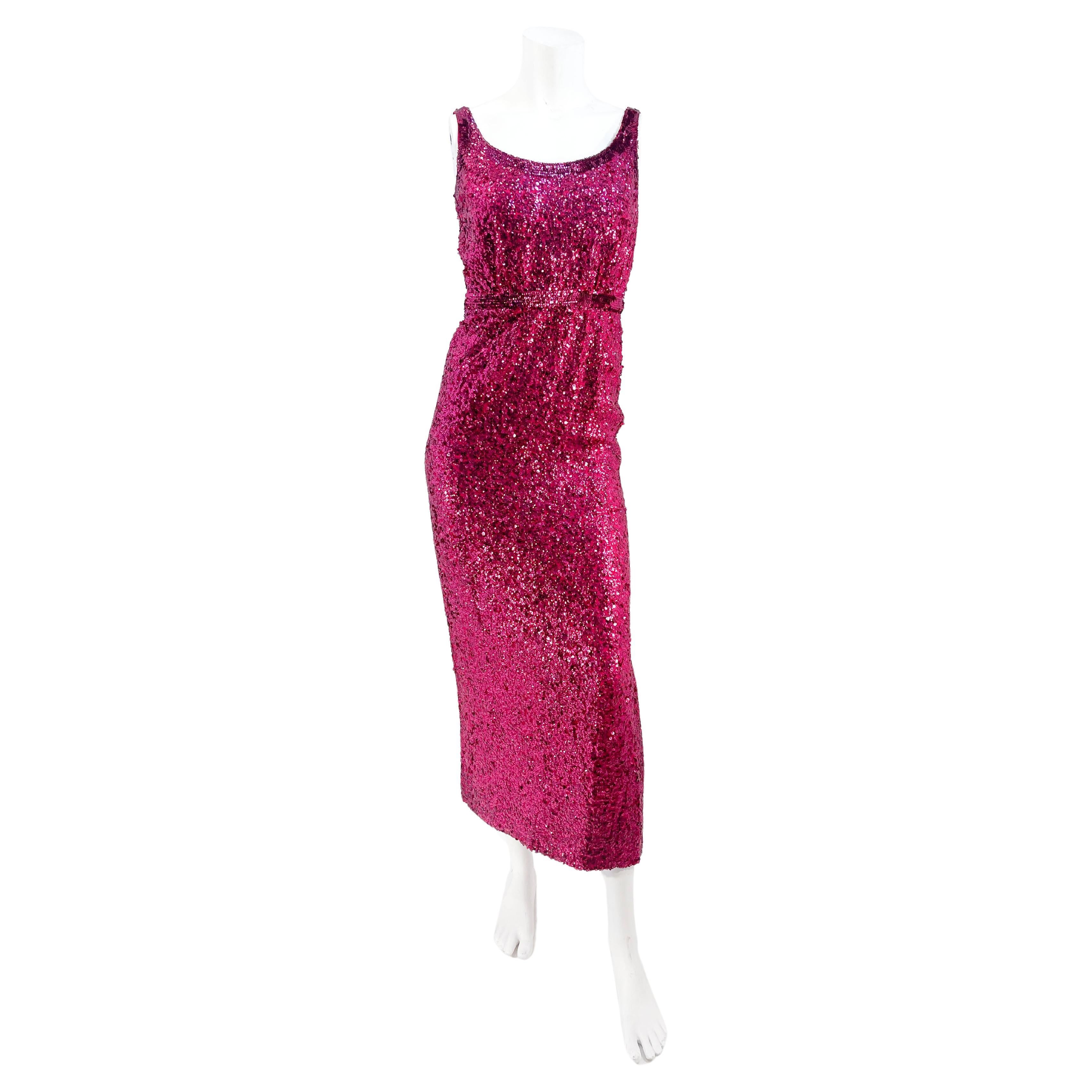 1960s Magenta Sequin Column Gown For Sale
