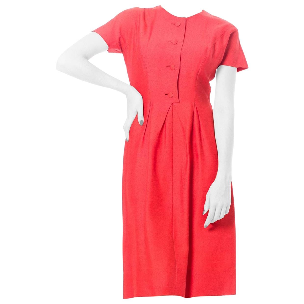 1960S MAGGY ROUFF Persimmon Red Wool Blend Button Front Pleated Waist Day Dress For Sale