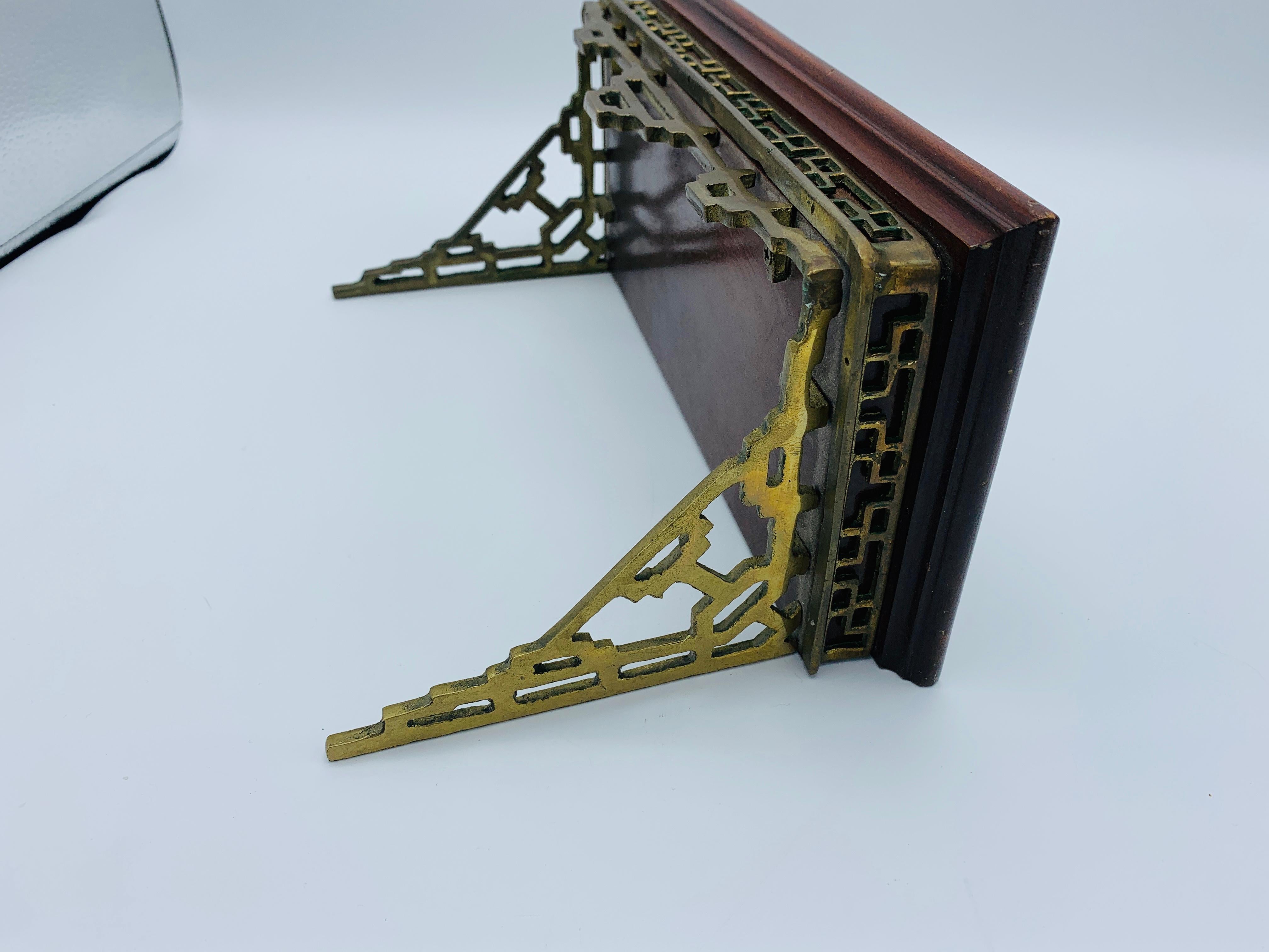 Chinoiserie 1960s Mahogany and Brass Greek Key Wall Shelf Bracket