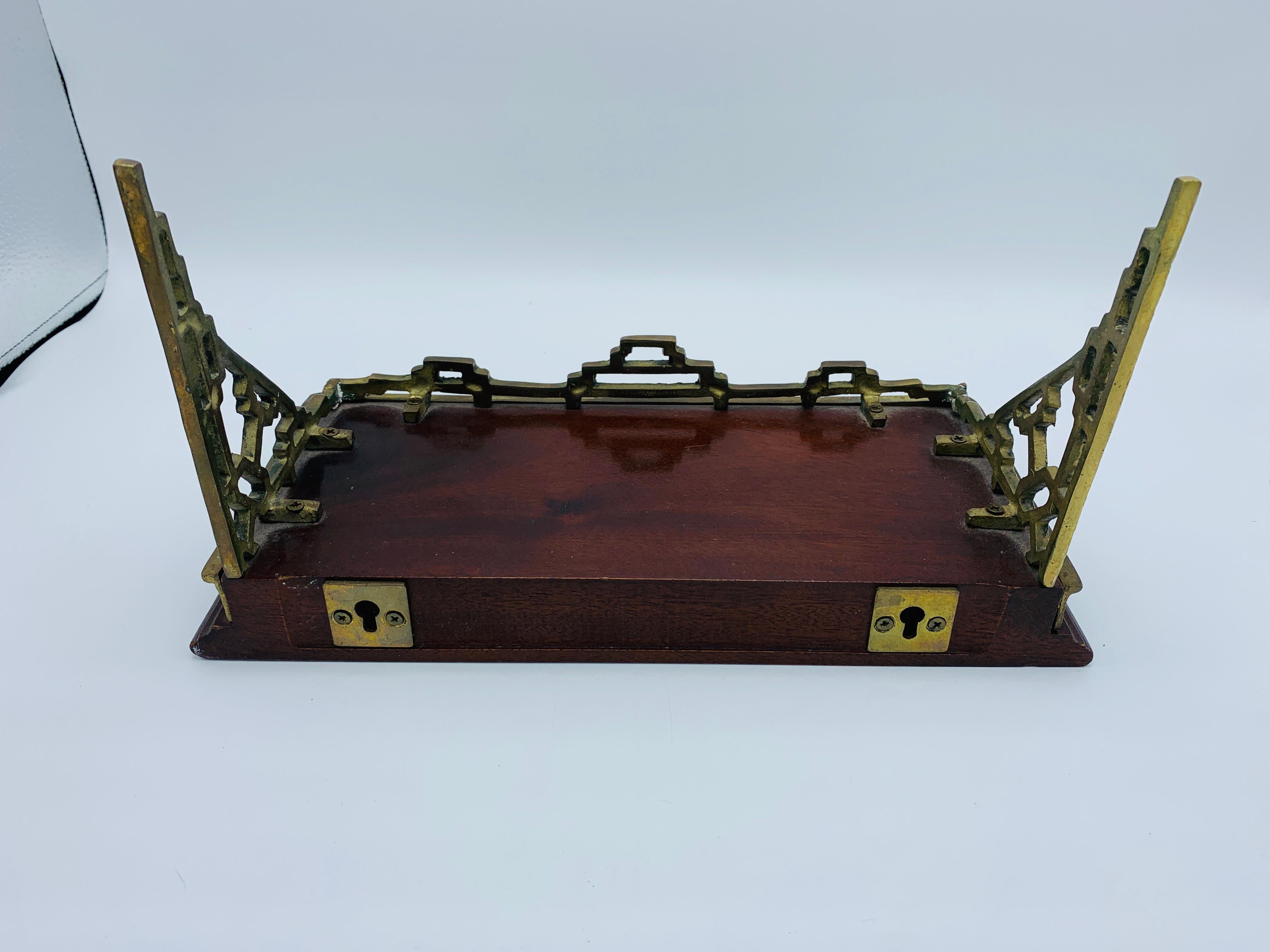 20th Century 1960s Mahogany and Brass Greek Key Wall Shelf Bracket