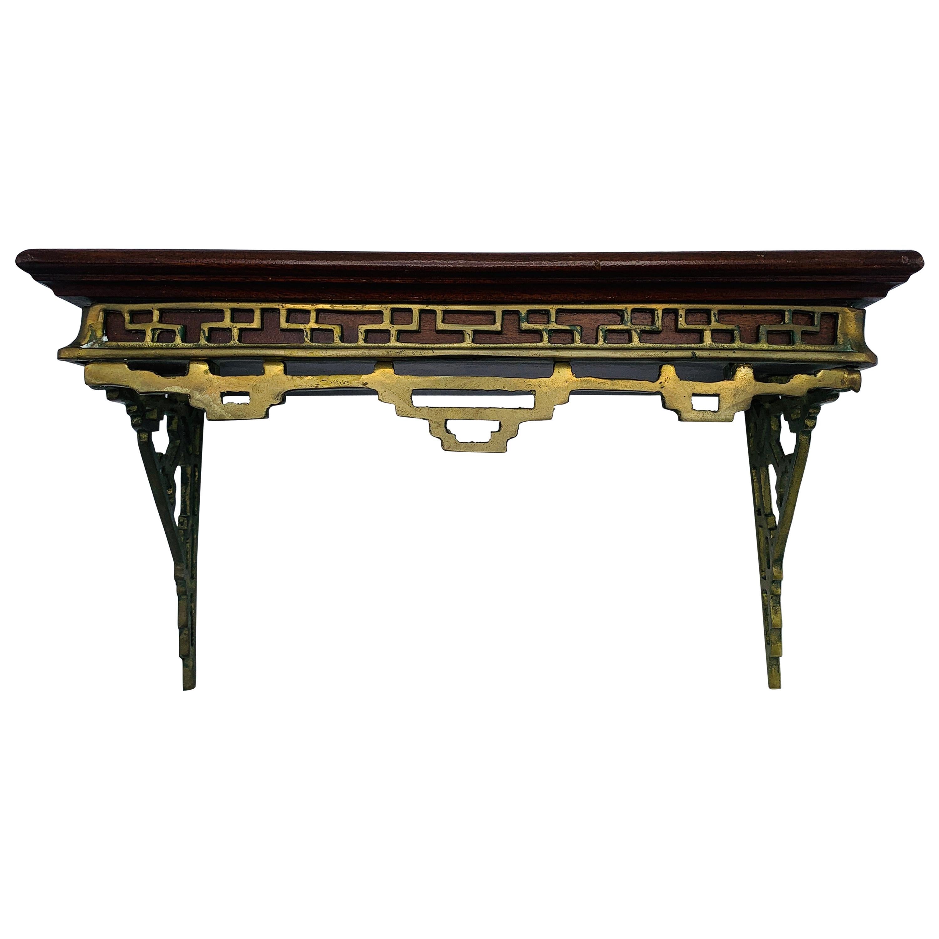 1960s Mahogany and Brass Greek Key Wall Shelf Bracket