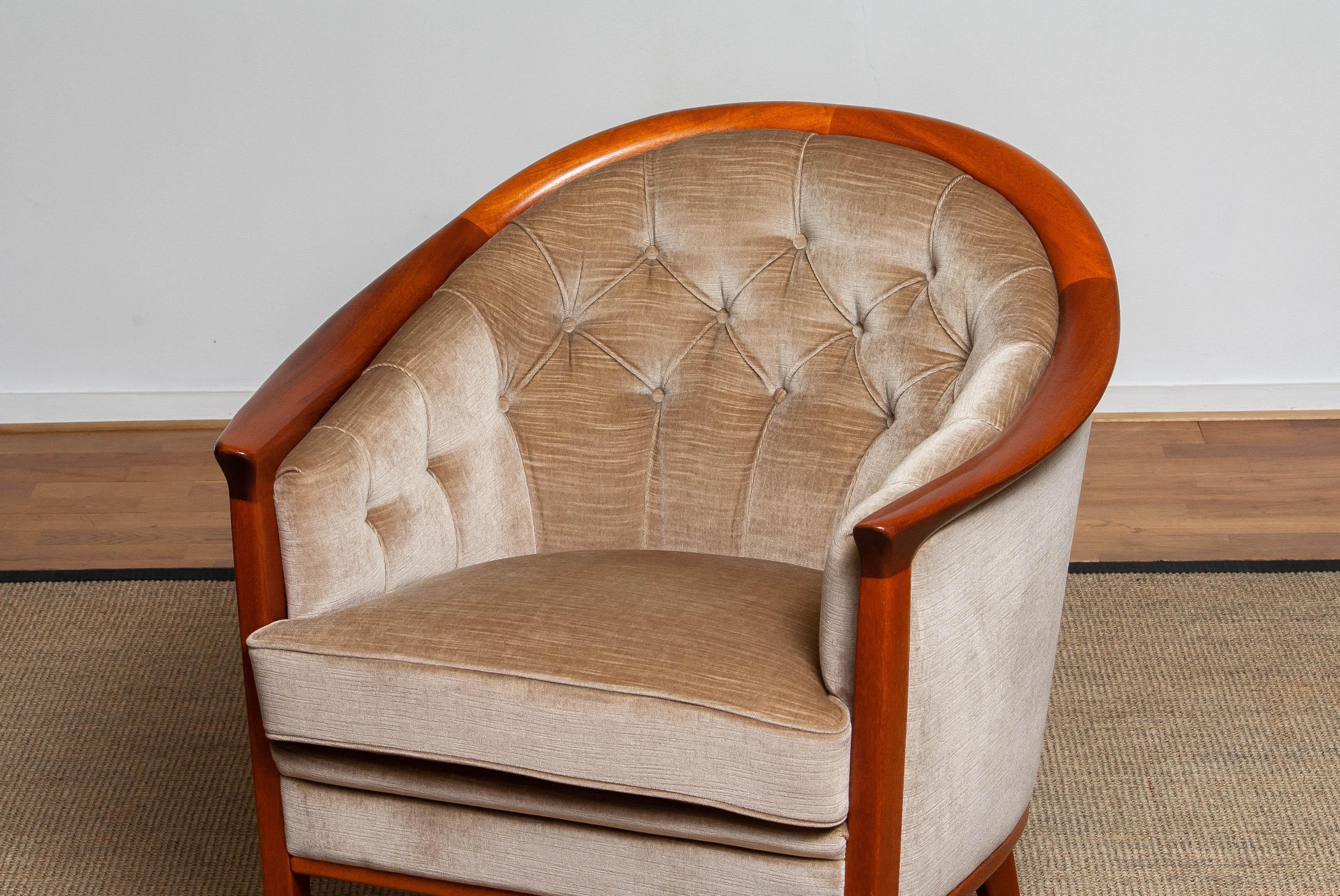 Hollywood Regency 1960s Mahogany and Taupe Velvet Lounge Chair by Broderna Andersson, Sweden