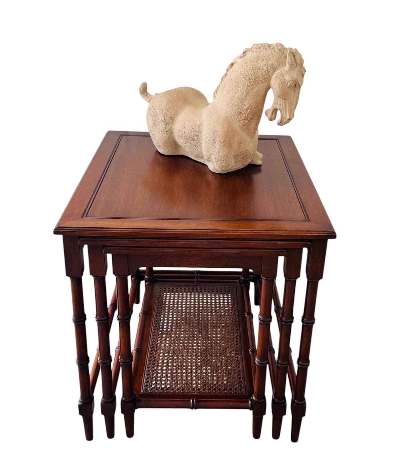 1960s Mahogany Faux Bamboo Cane Set Of 3 Nesting End Tables For Sale 4