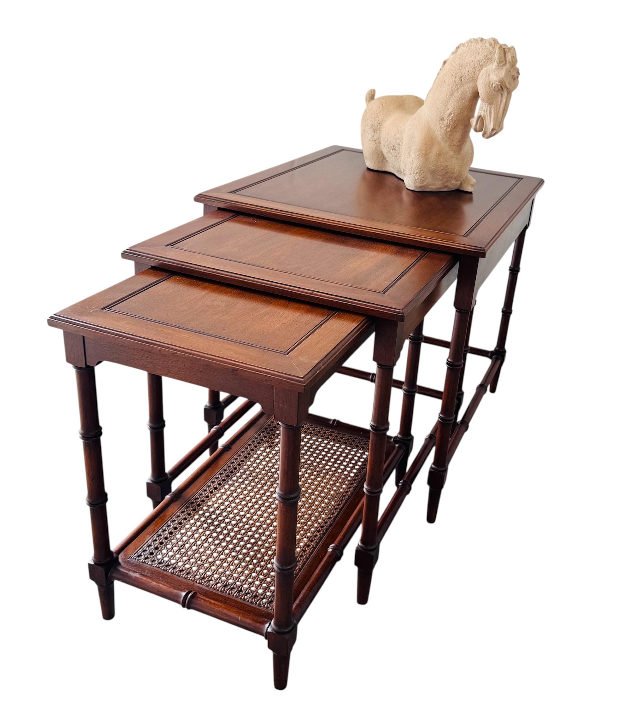 1960s Mahogany Faux Bamboo Cane Set Of 3 Nesting End Tables For Sale 5