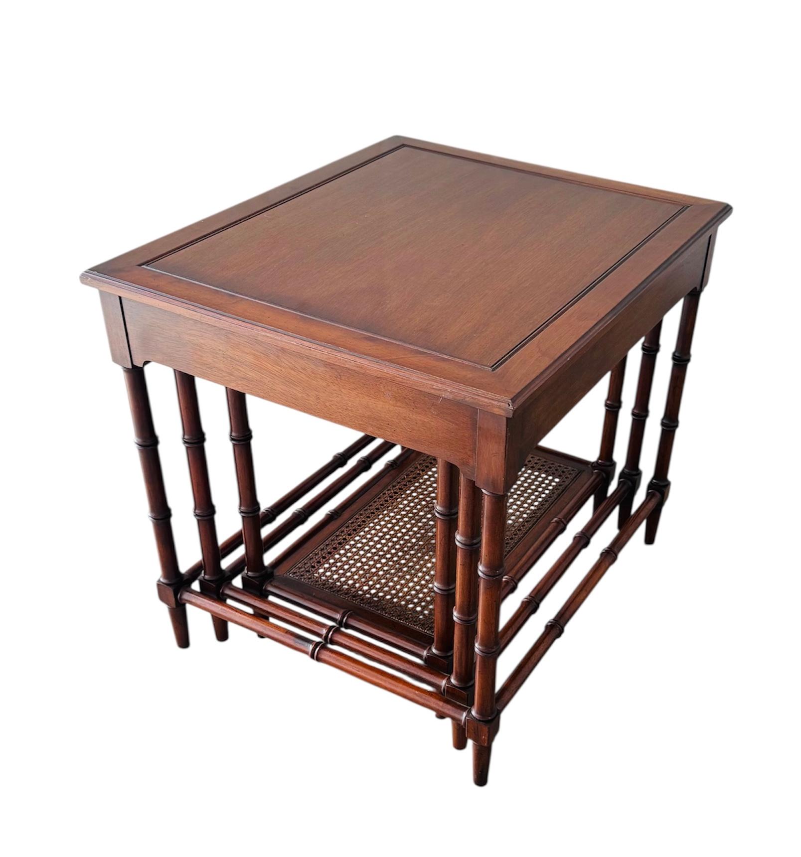 Chinoiserie 1960s Mahogany Faux Bamboo Cane Set Of 3 Nesting End Tables For Sale