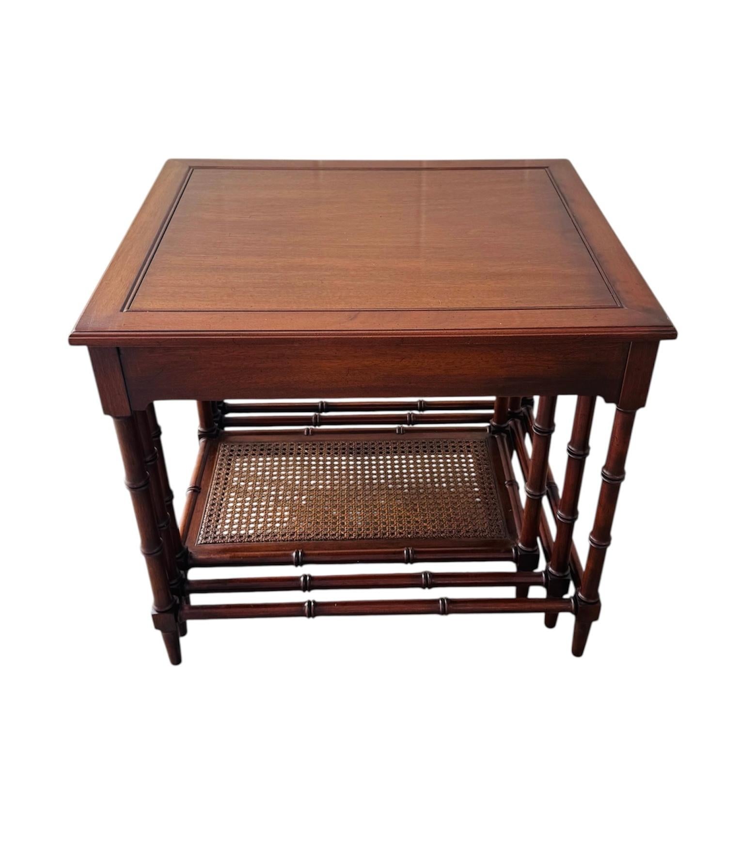 American 1960s Mahogany Faux Bamboo Cane Set Of 3 Nesting End Tables For Sale