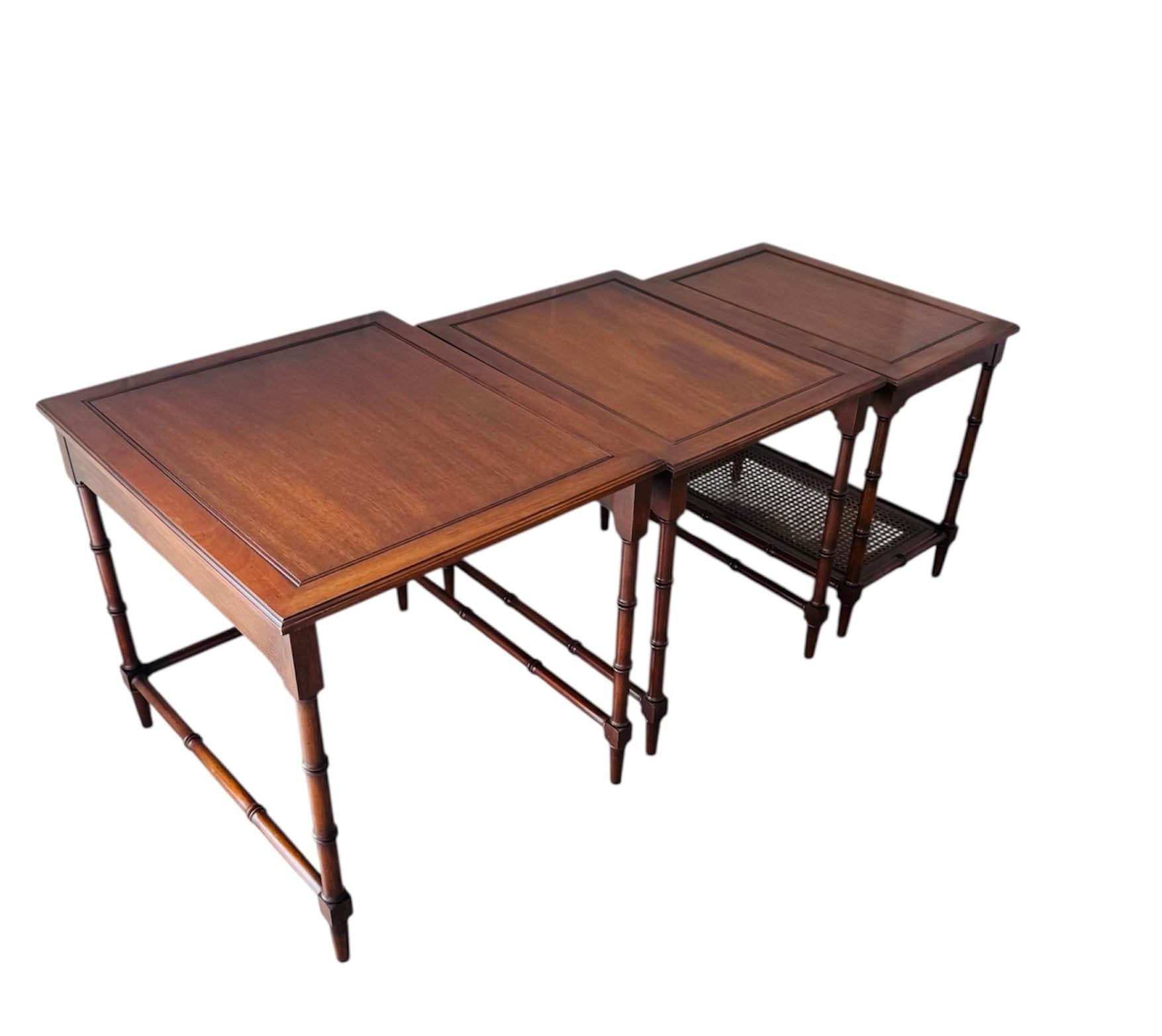 Mid-20th Century 1960s Mahogany Faux Bamboo Cane Set Of 3 Nesting End Tables For Sale