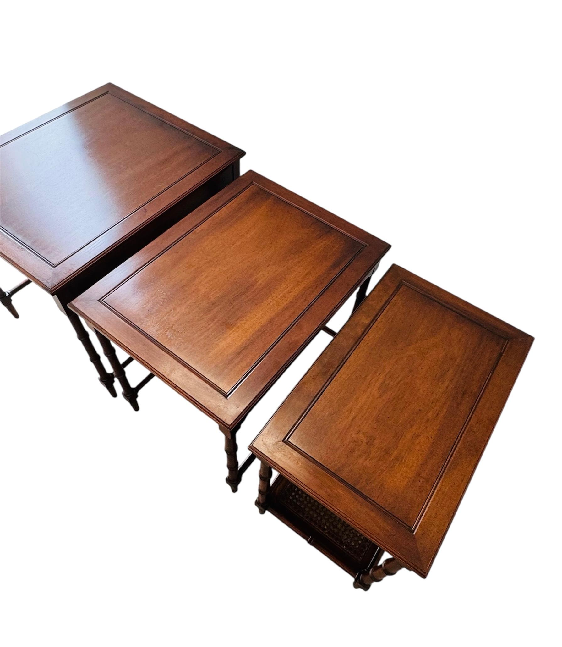 1960s Mahogany Faux Bamboo Cane Set Of 3 Nesting End Tables For Sale 1