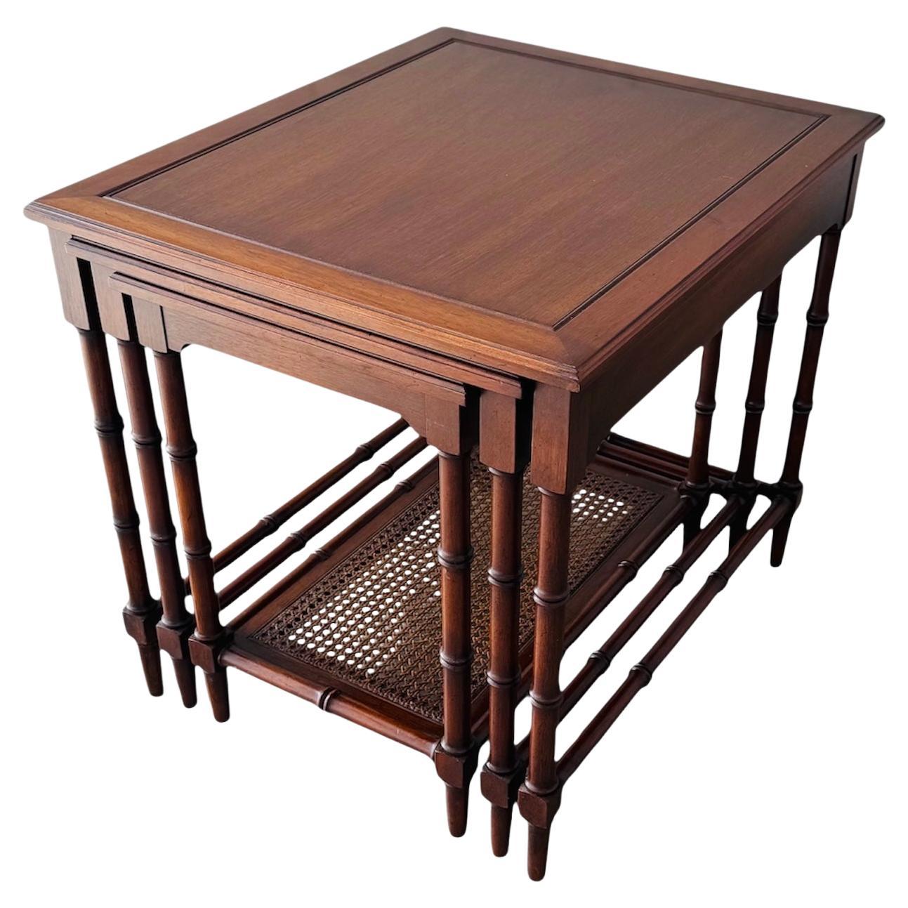 1960s Mahogany Faux Bamboo Cane Set Of 3 Nesting End Tables For Sale