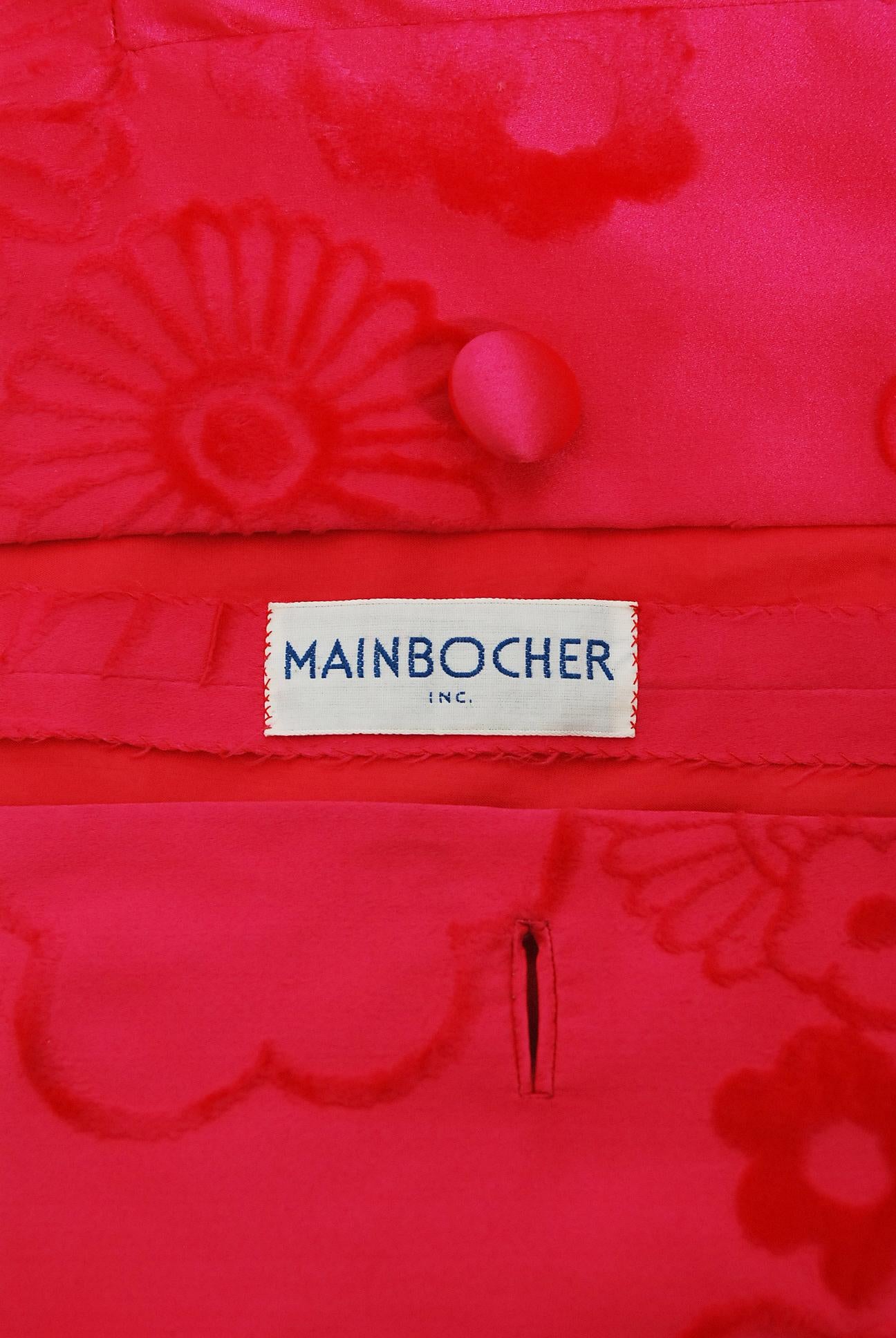Mainbocher Couture - Robe sirène vintage en soie floquée rose vif, documentée, 1970 en vente 6