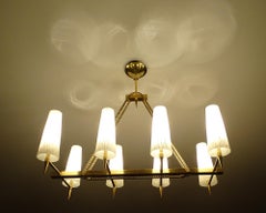Exceptionnal French Maison Arlus Pendant Light, Brass Glass, Stilnovo Style, 60