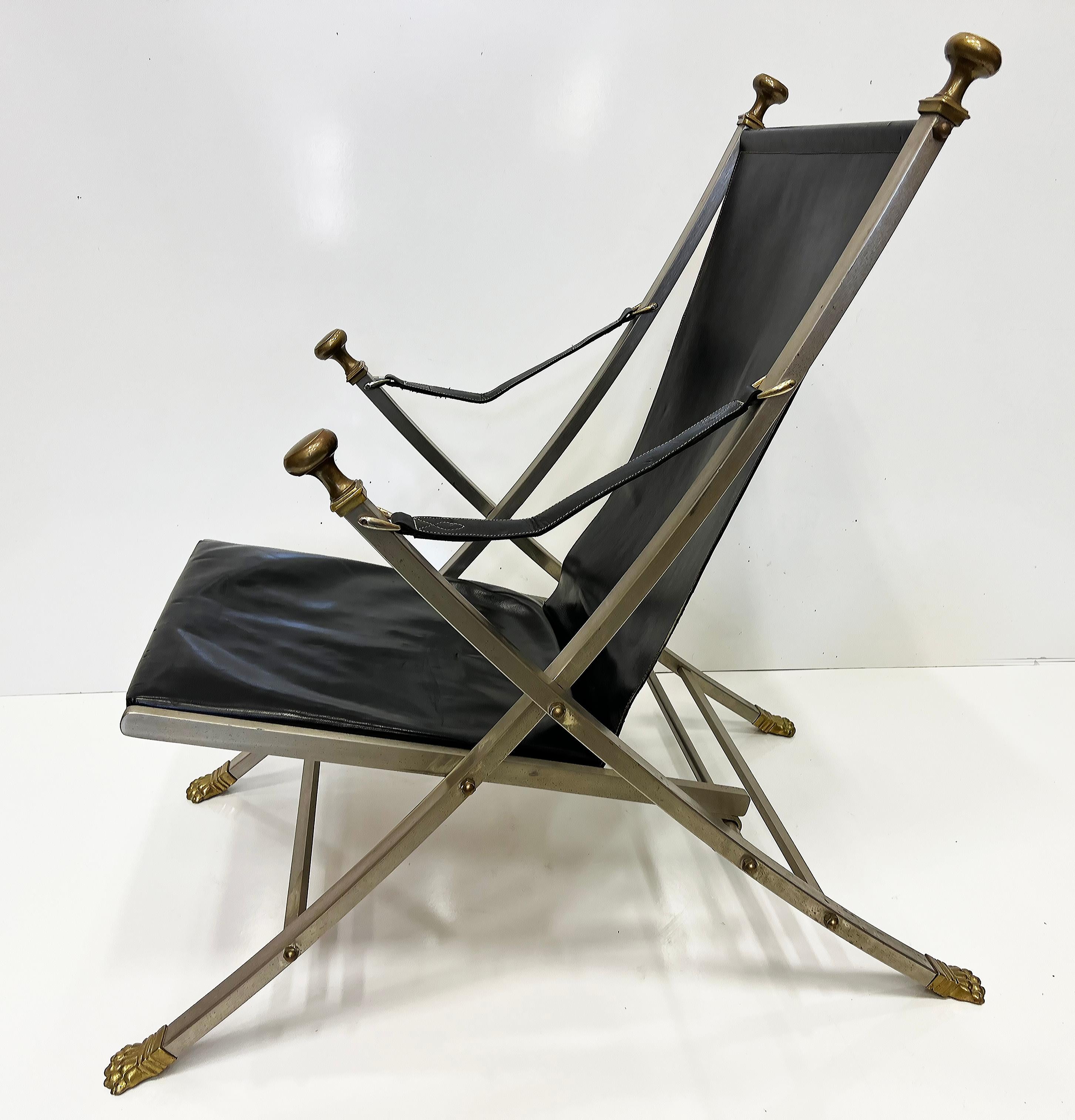 Brushed 1960s Maison Jansen Steel, Bronze, Leather Campaign Chair For Sale