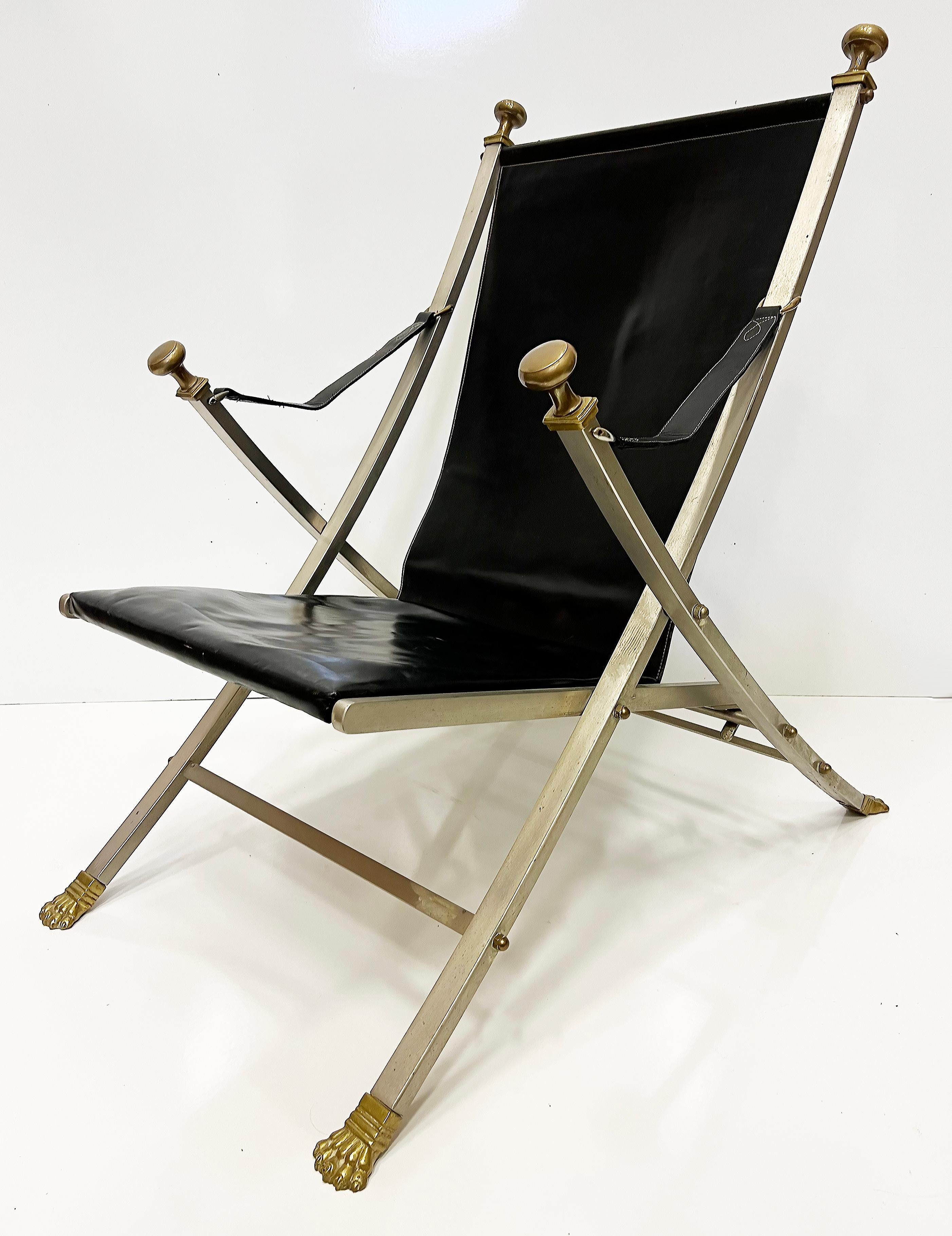 1960s Maison Jansen Steel, Bronze, Leather Campaign Chair In Good Condition For Sale In Miami, FL