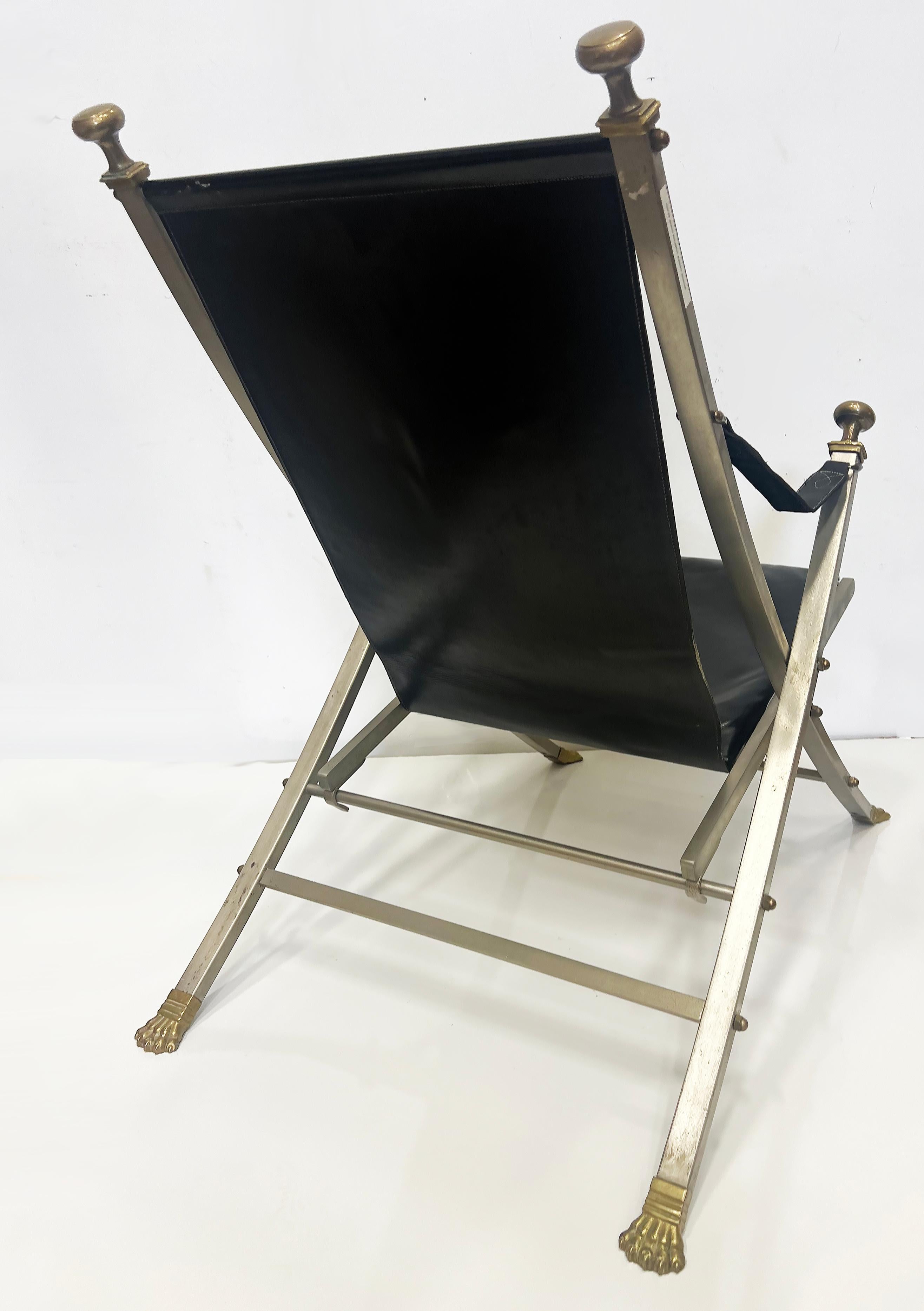 Mid-20th Century 1960s Maison Jansen Steel, Bronze, Leather Campaign Chair For Sale