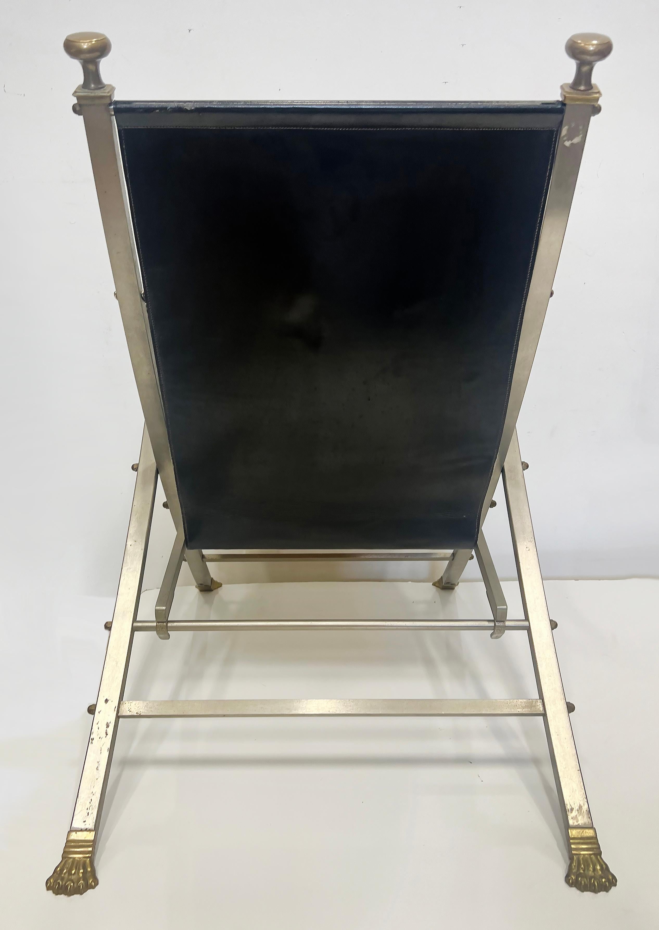1960s Maison Jansen Steel, Bronze, Leather Campaign Chair For Sale 1
