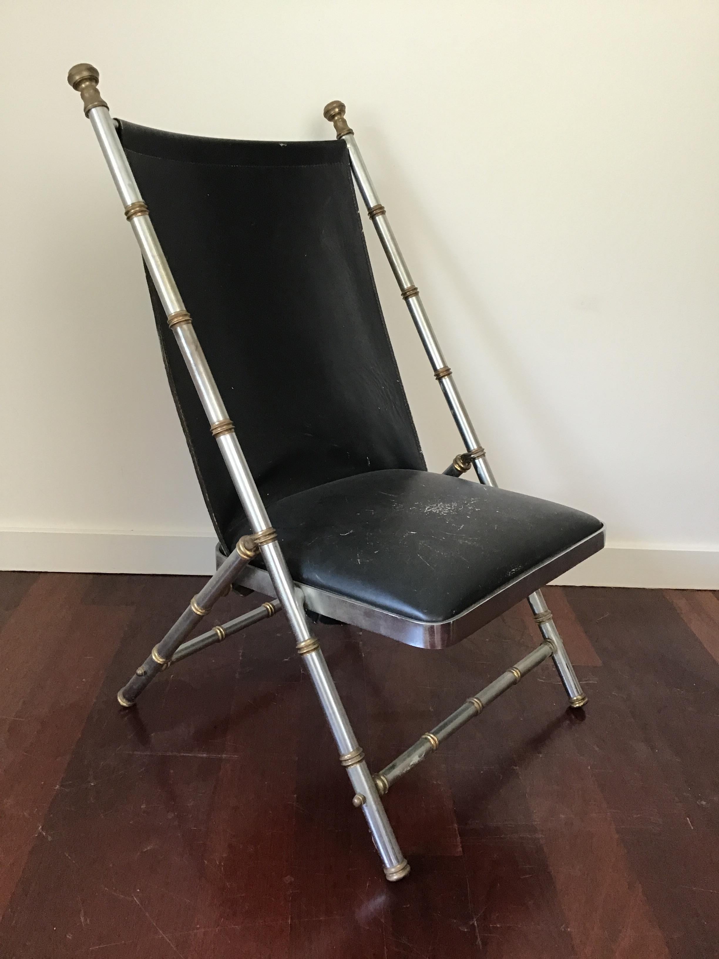 1960s Maison Jansen style brushed steel and brass Campaign chair in leather. Made in Italy.