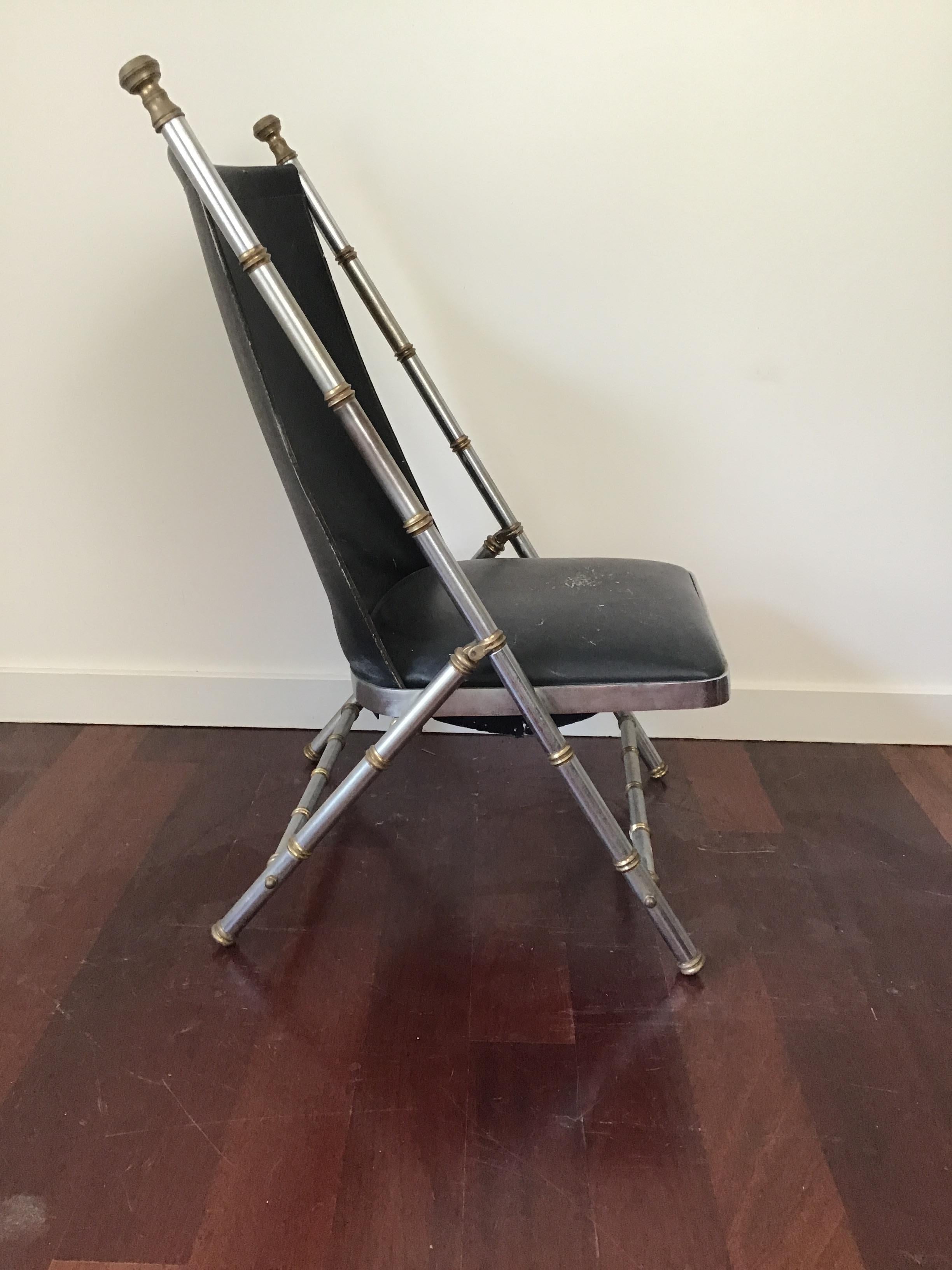 1960s Maison Jansen Style, Leather Campaign Chair In Good Condition In Tarrytown, NY
