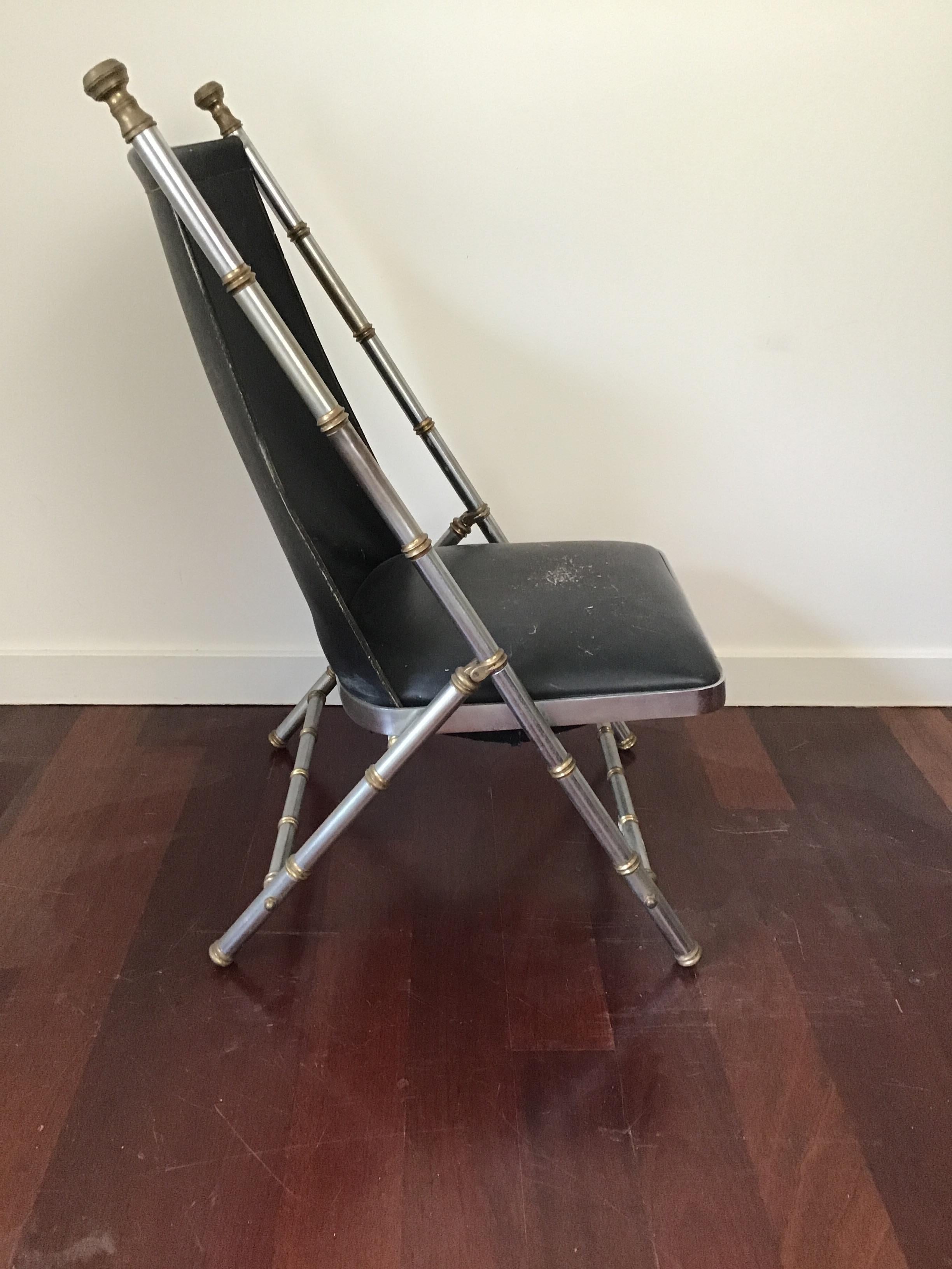 Steel 1960s Maison Jansen Style, Leather Campaign Chair