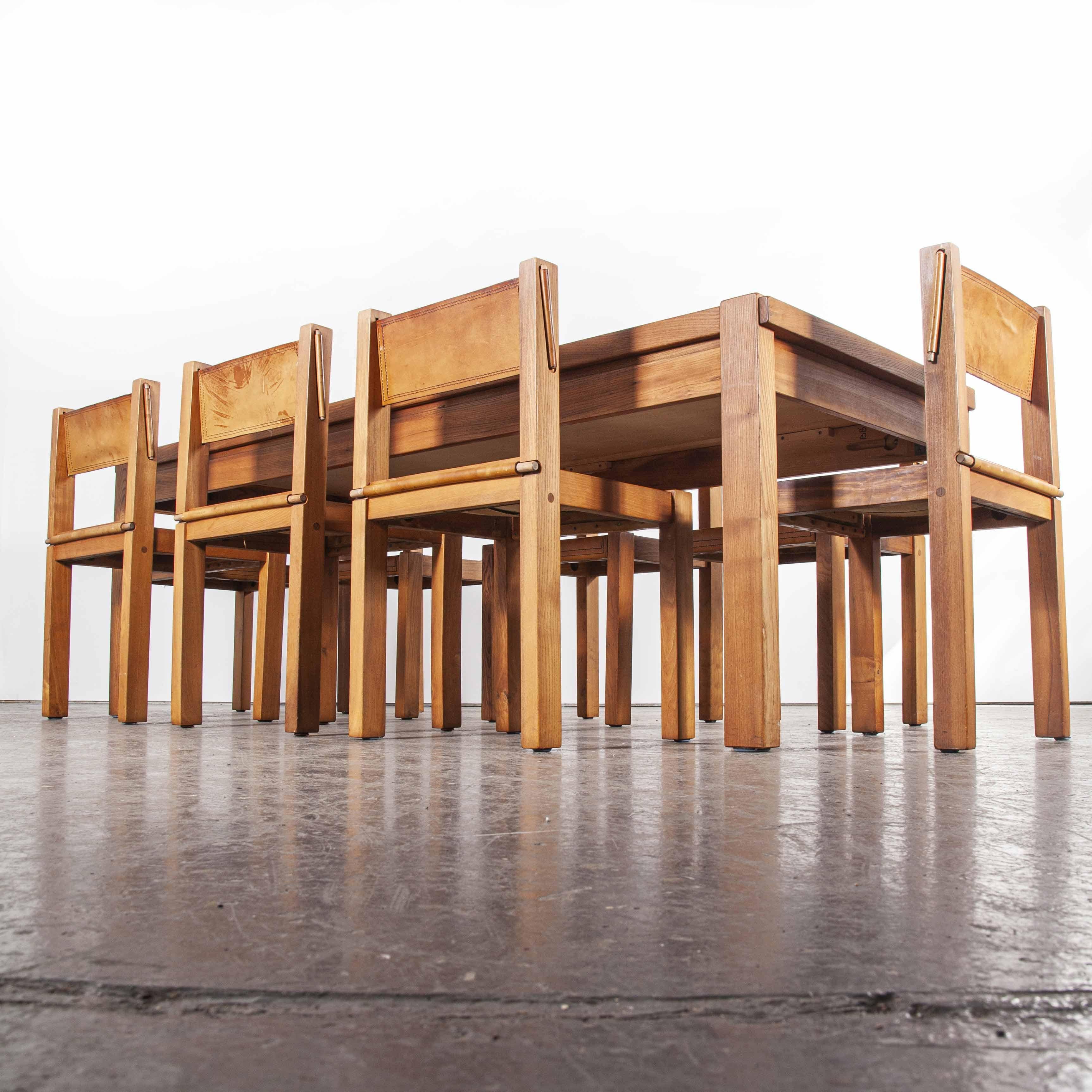 1960s Maison Regain Elm Rectangular Dining Table and Eight Leather Chair Set 5