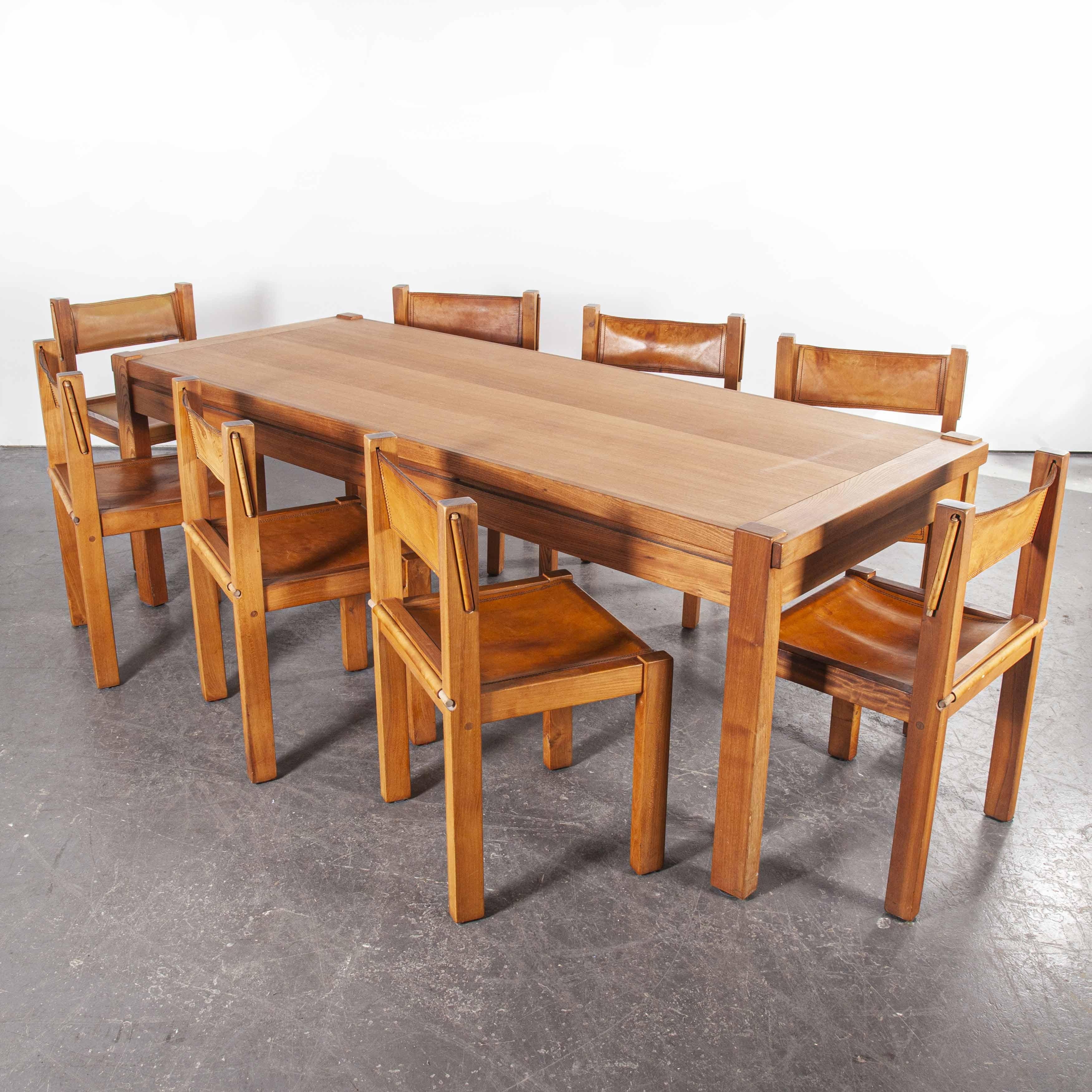 1960s Maison Regain Elm Rectangular Dining Table and Eight Leather Chair Set 6