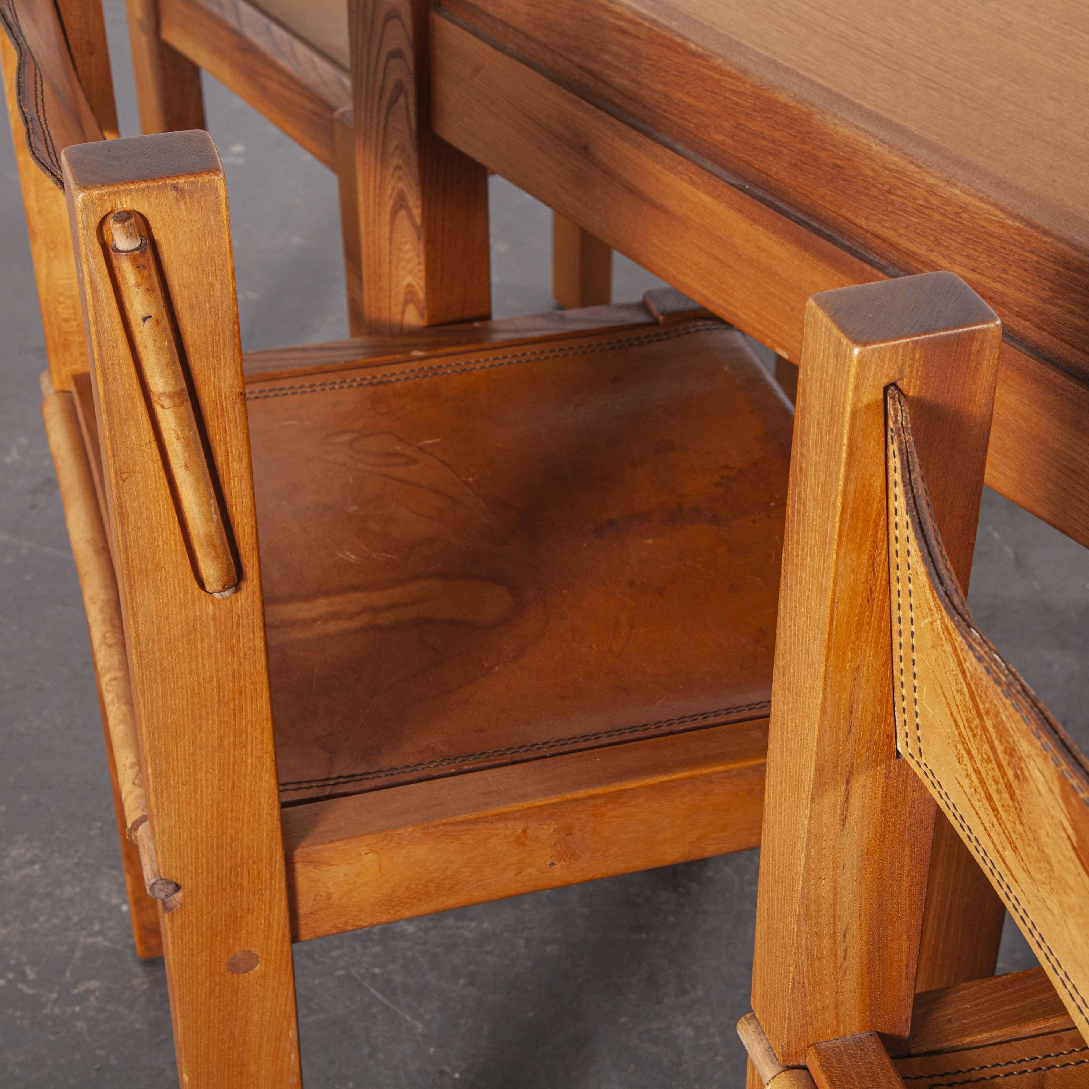 1960s Maison Regain Elm Rectangular Dining Table and Eight Leather Chair Set 8