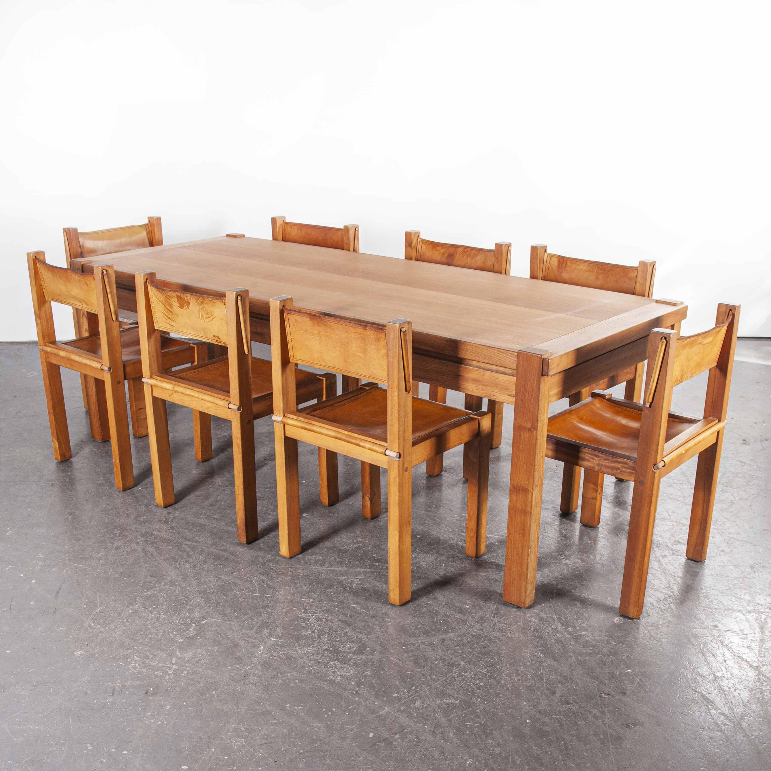 French 1960s Maison Regain Elm Rectangular Dining Table and Eight Leather Chair Set