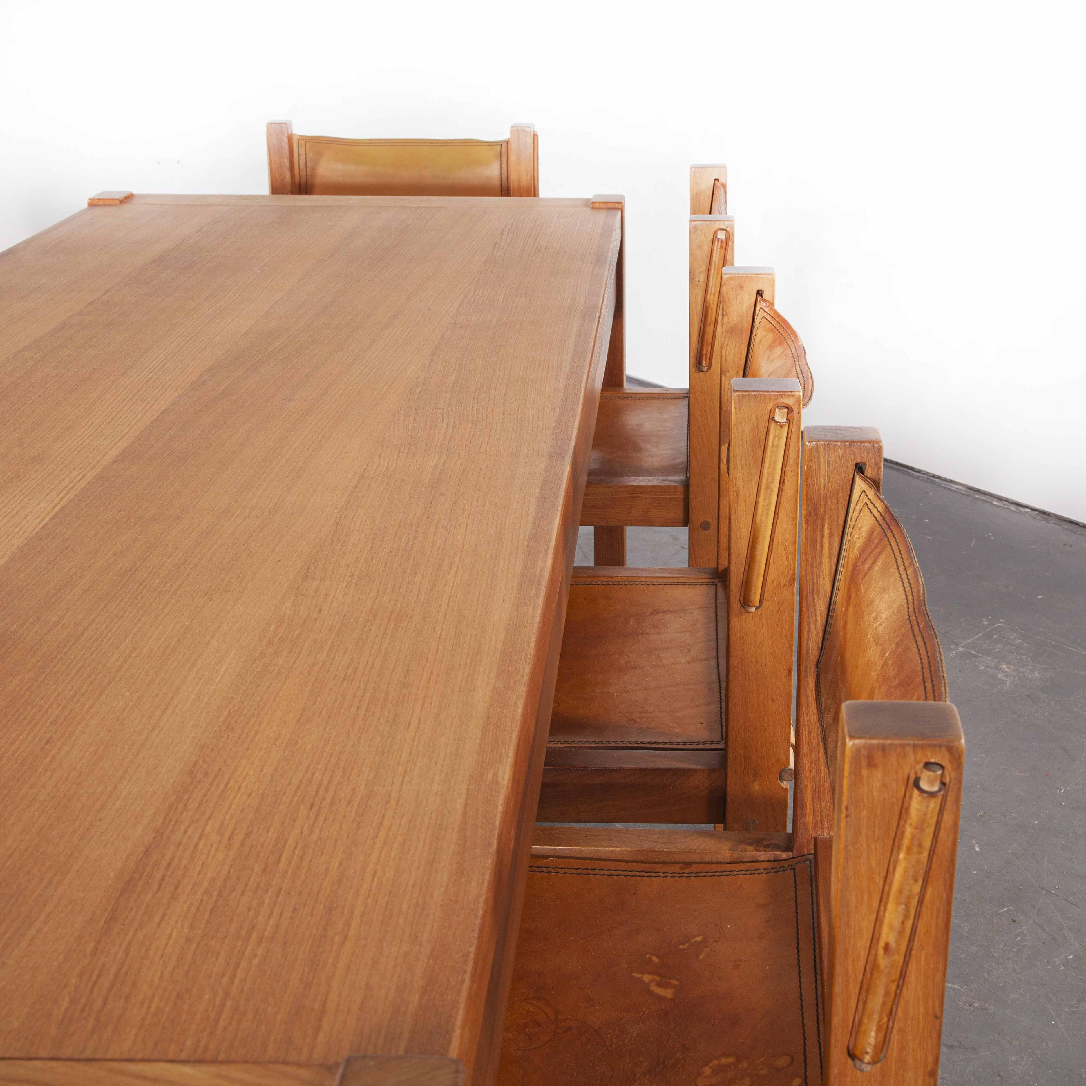 1960s Maison Regain Elm Rectangular Dining Table and Eight Leather Chair Set 3