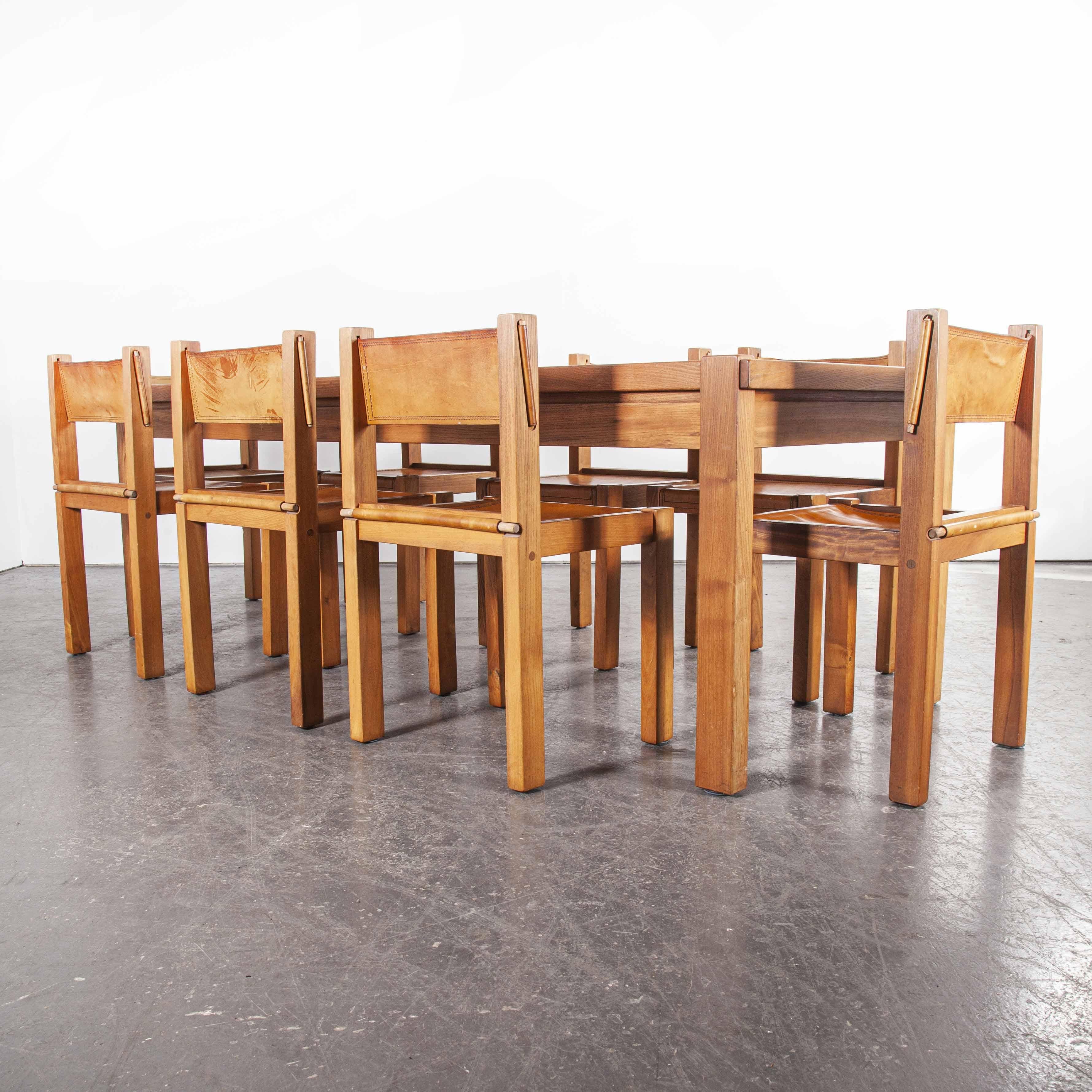 1960s Maison Regain Elm Rectangular Dining Table and Eight Leather Chair Set 4