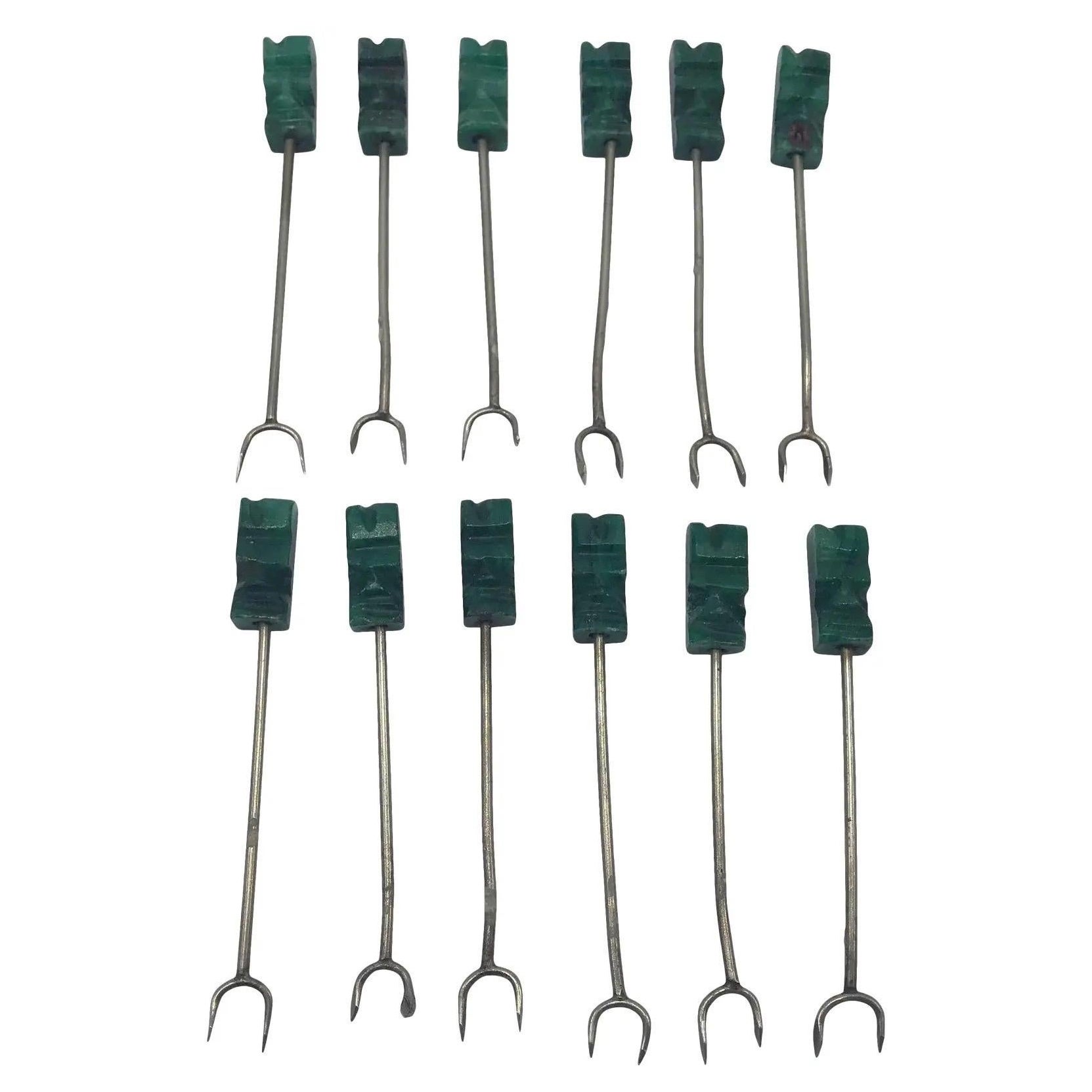 1960s Malachite Easter Island Statue Hors d
Oeuvres Skewer Picks, Set of 12 For Sale