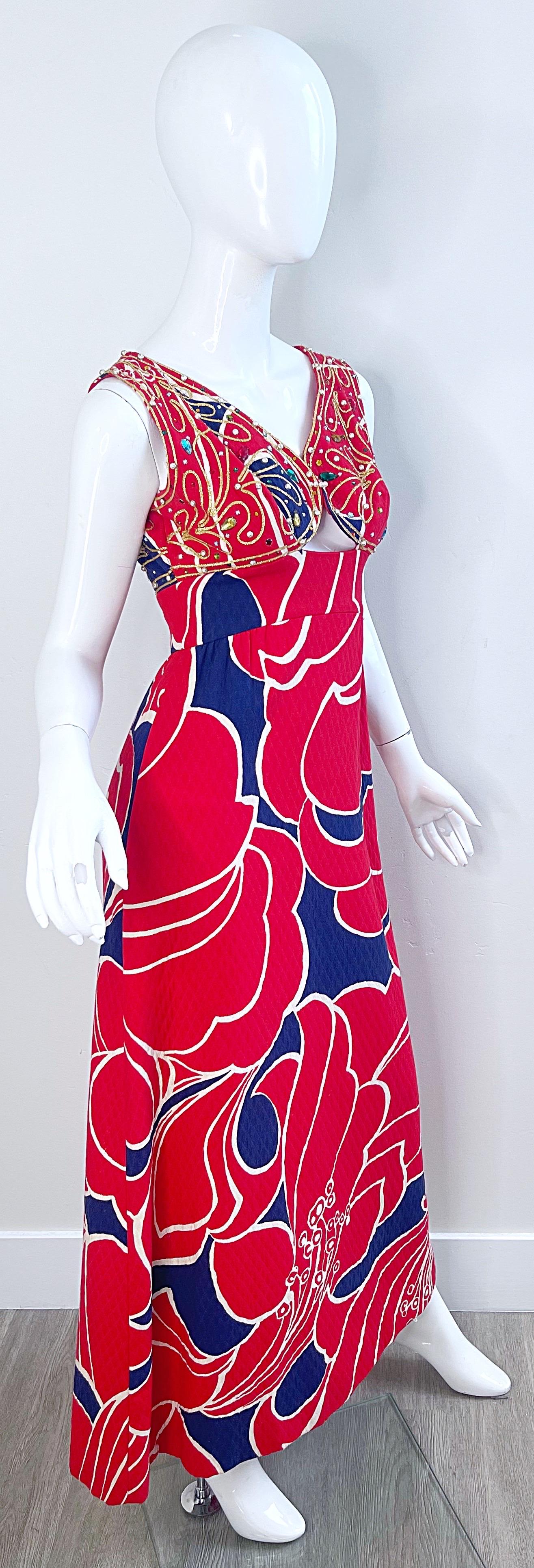 1960s Malcolm Starr Attr. Size 2 /4  Rhinestone Beaded Cut Out 60s Maxi Dress For Sale 6