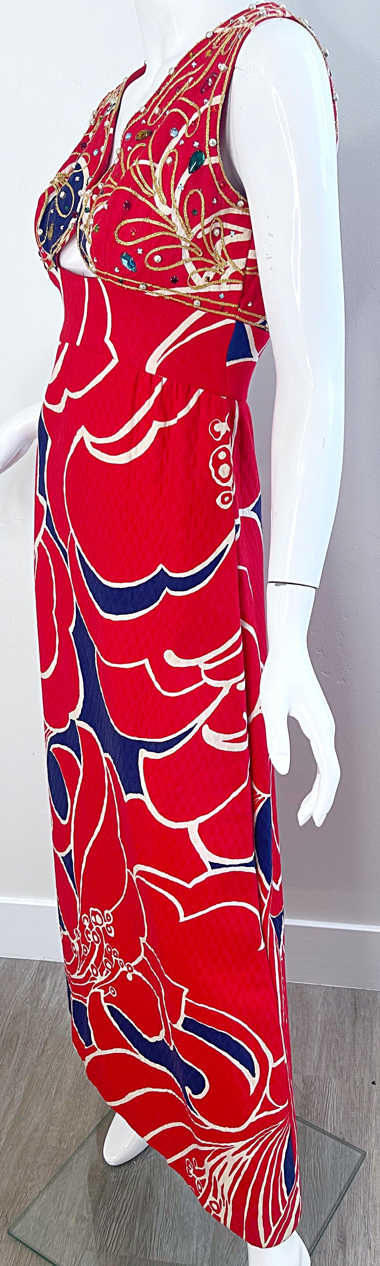 1960s Malcolm Starr Attr. Size 2 /4  Rhinestone Beaded Cut Out 60s Maxi Dress For Sale 7