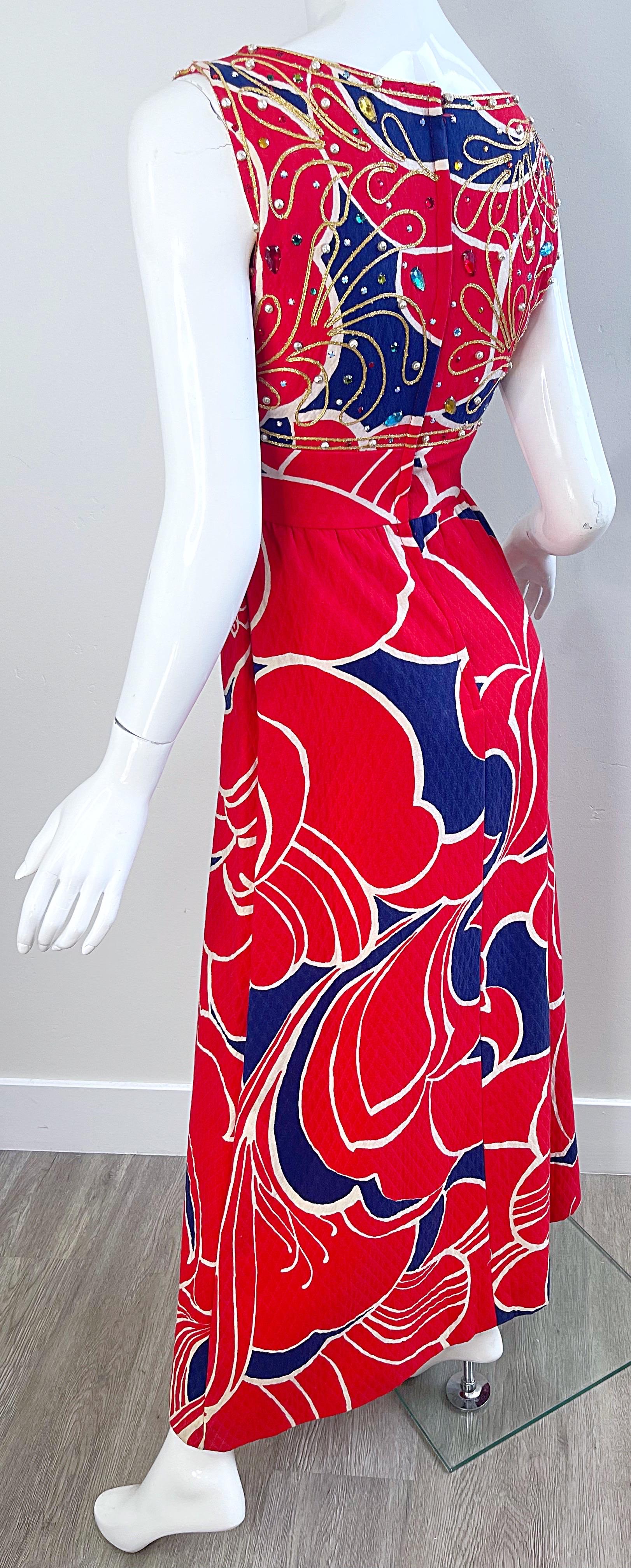 1960s Malcolm Starr Attr. Size 2 /4  Rhinestone Beaded Cut Out 60s Maxi Dress For Sale 9