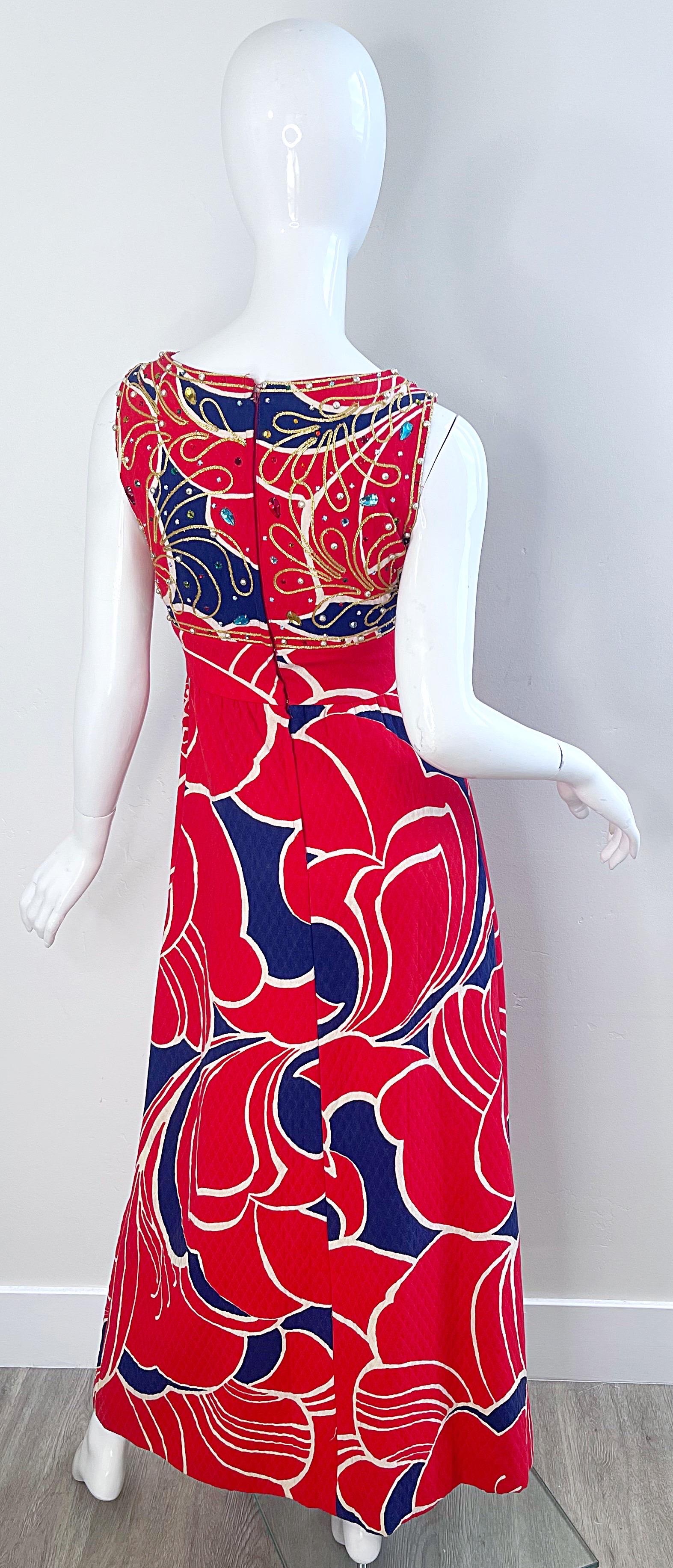 1960er Jahre Malcolm Starr Attr. Größe 2 /4  Strass Perlen Ausschnitt 60s Maxi Kleid im Angebot 11