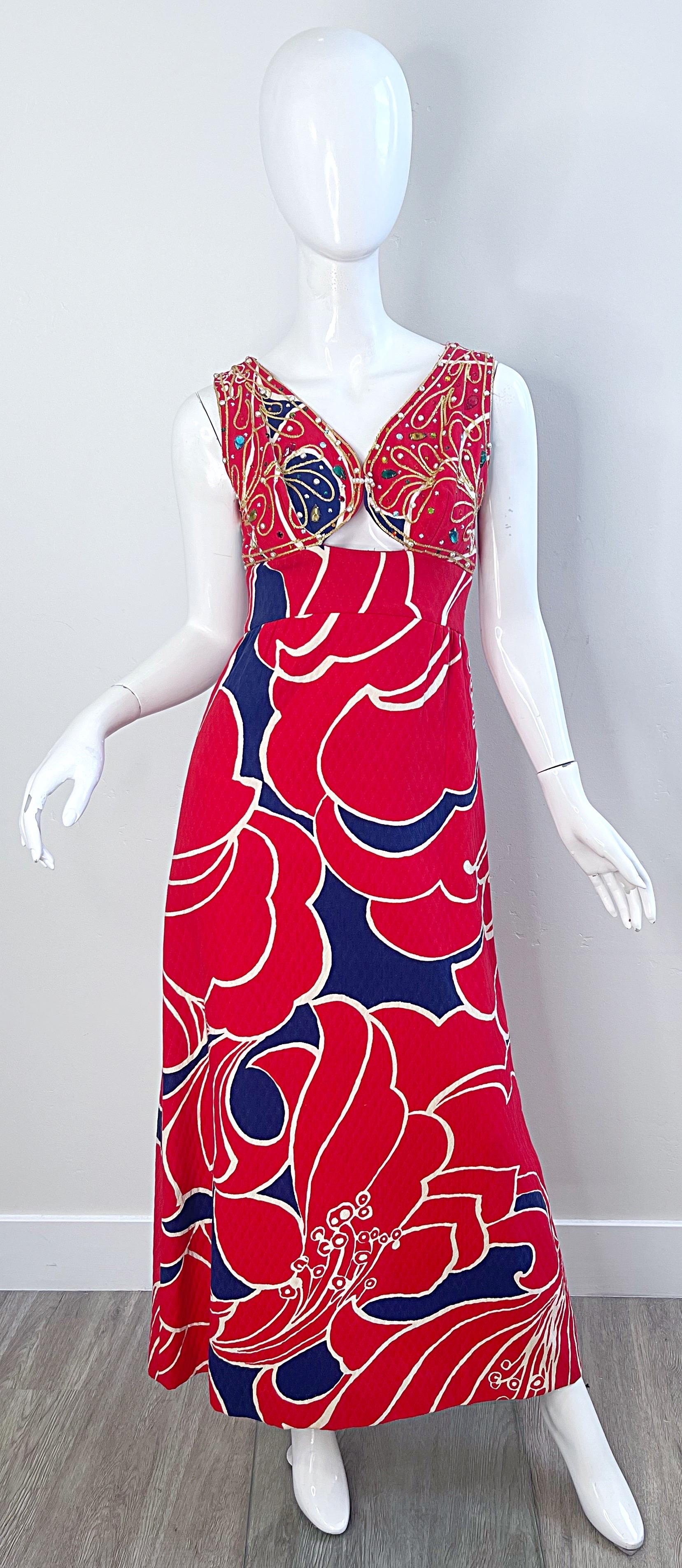 1960er Jahre Malcolm Starr Attr. Größe 2 /4  Strass Perlen Ausschnitt 60s Maxi Kleid im Angebot 12