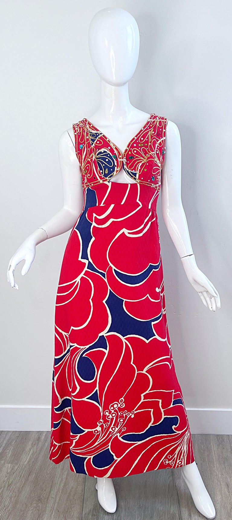 chinese dress ladies 60s Blue And Green Hawaii Flower Print Maxi Dress By Tori Richard