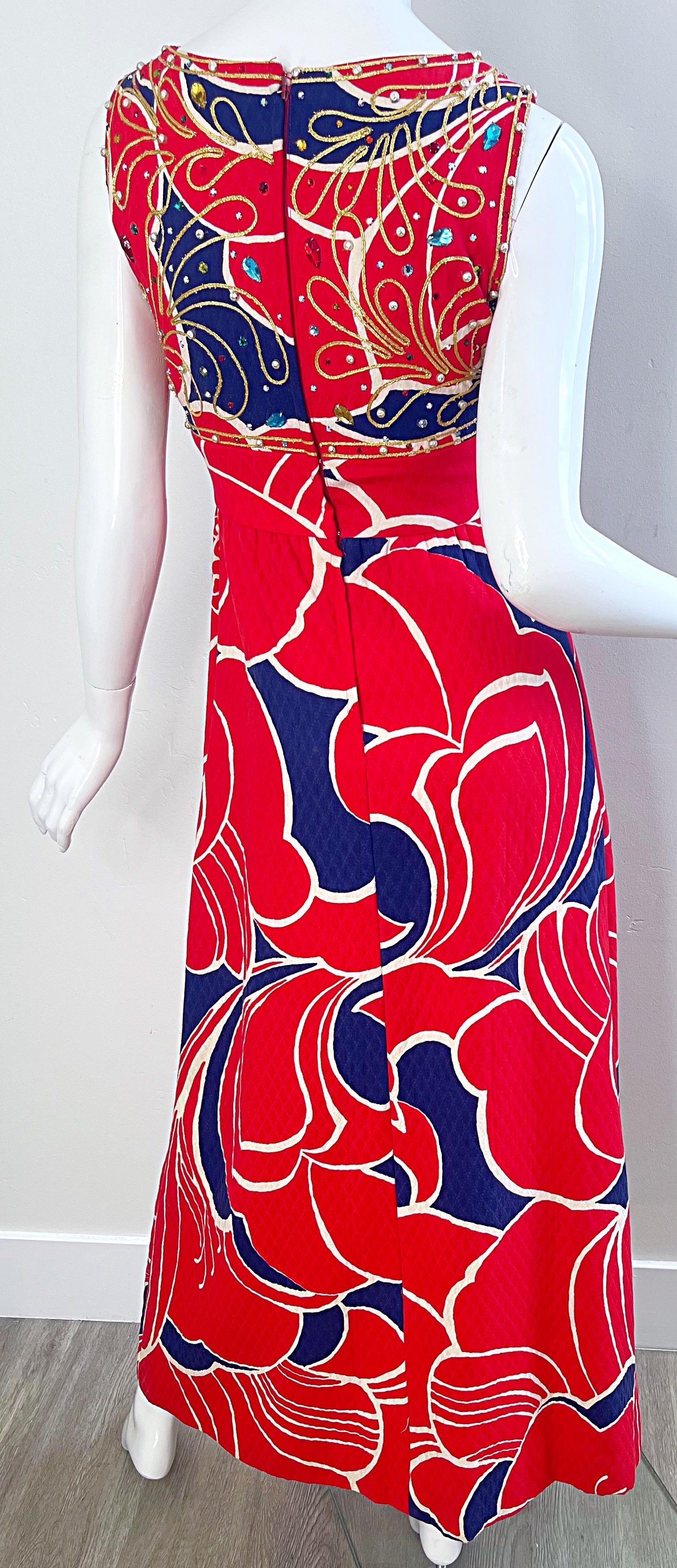 1960er Jahre Malcolm Starr Attr. Größe 2 /4  Strass Perlen Ausschnitt 60s Maxi Kleid Damen im Angebot