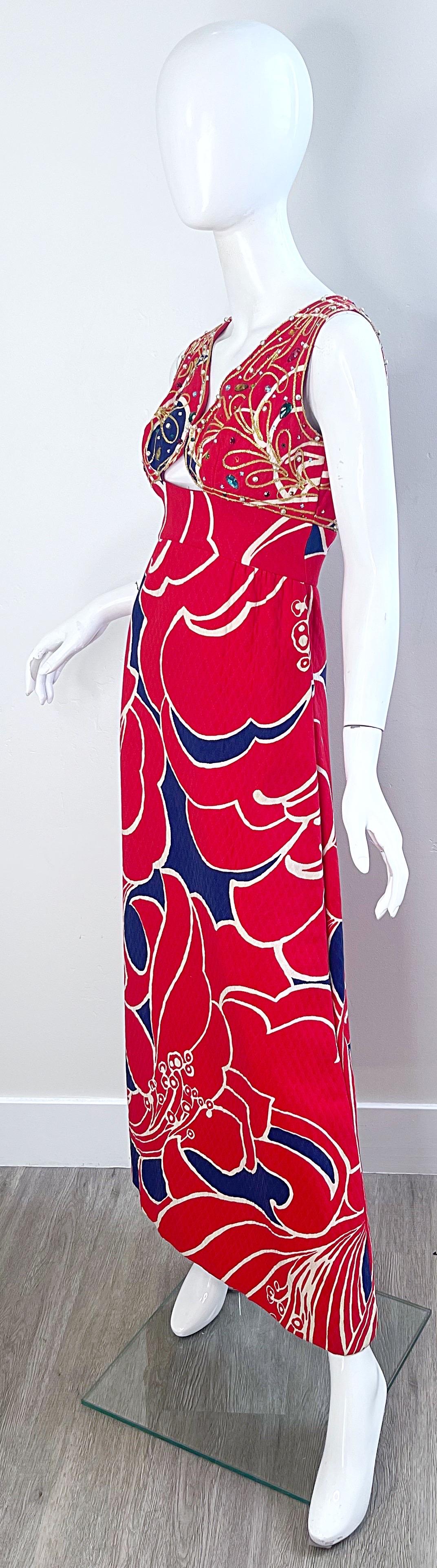 1960er Jahre Malcolm Starr Attr. Größe 2 /4  Strass Perlen Ausschnitt 60s Maxi Kleid im Angebot 1