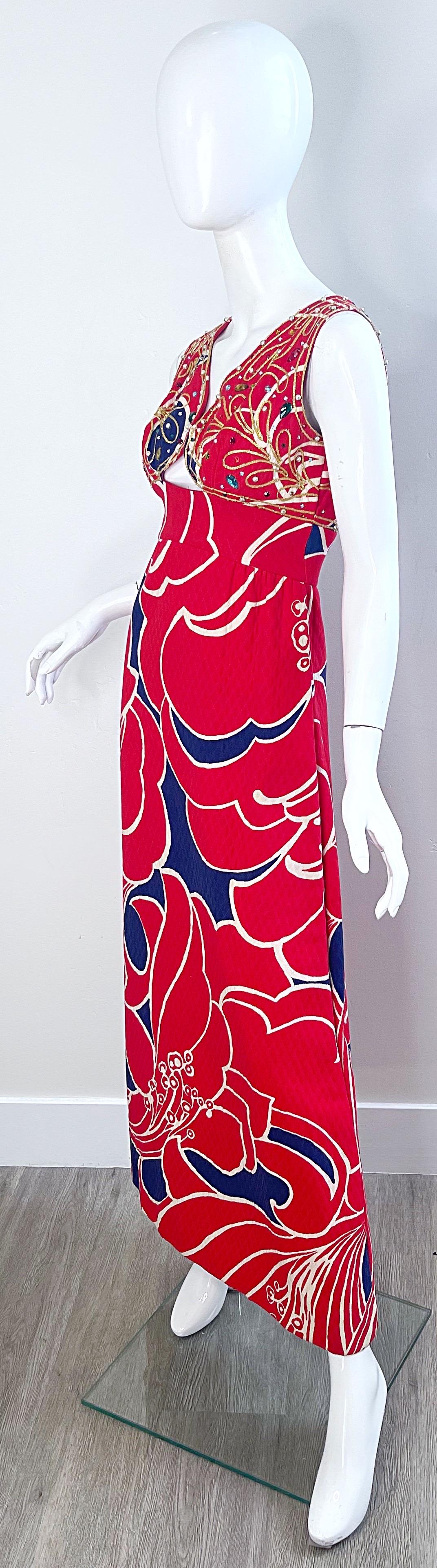 Women's 1960s Malcolm Starr Attr. Size 2 /4  Rhinestone Beaded Cut Out 60s Maxi Dress For Sale