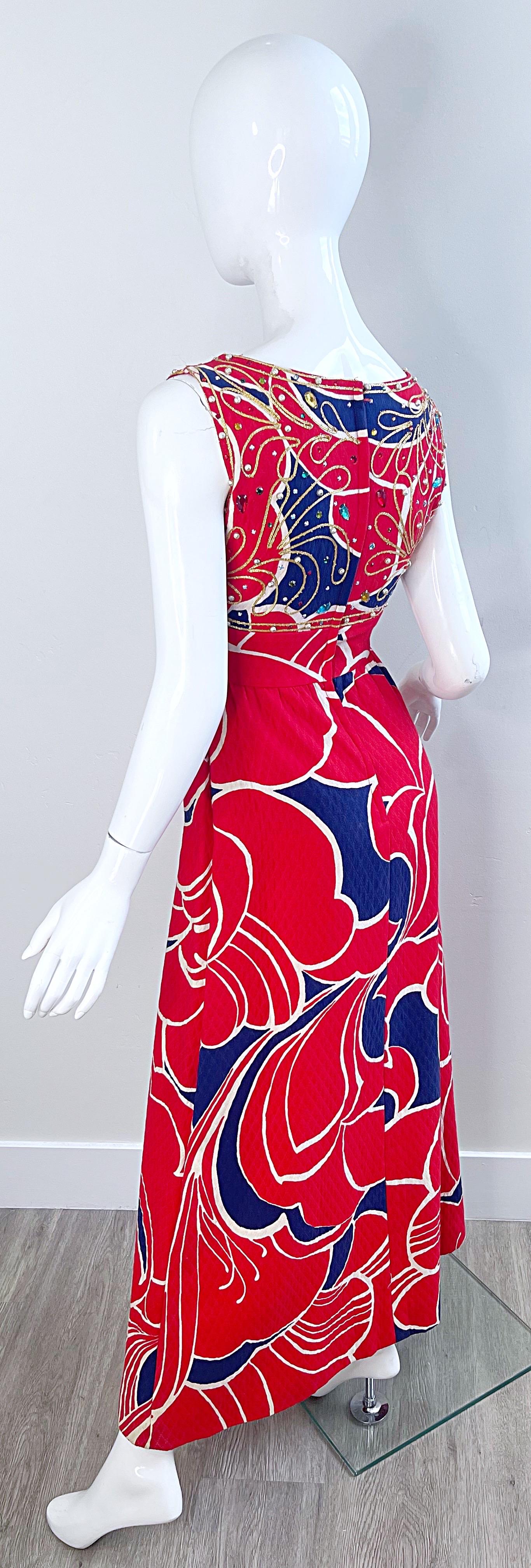 1960er Jahre Malcolm Starr Attr. Größe 2 /4  Strass Perlen Ausschnitt 60s Maxi Kleid im Angebot 3