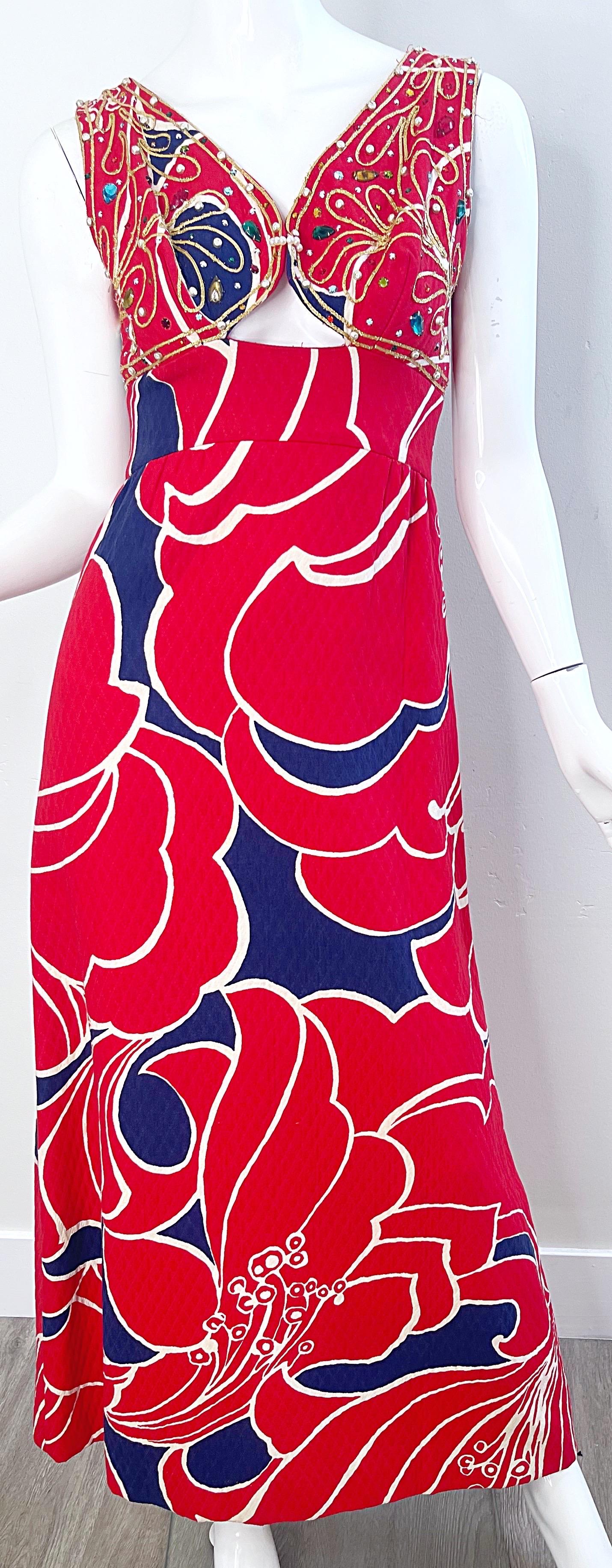 1960s Malcolm Starr Attr. Size 2 /4  Rhinestone Beaded Cut Out 60s Maxi Dress For Sale 4