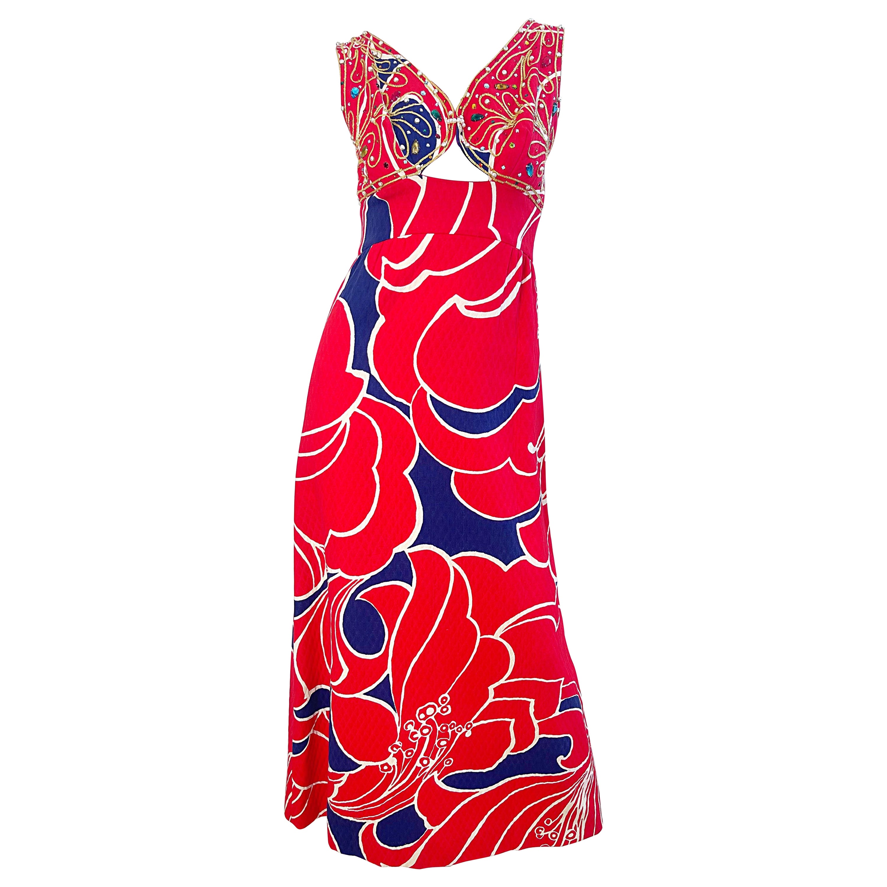 1960 Malcolm Starr Attr. Taglia 2 /4  Maxi abito anni '60 con strass e perline tagliato fuori in vendita
