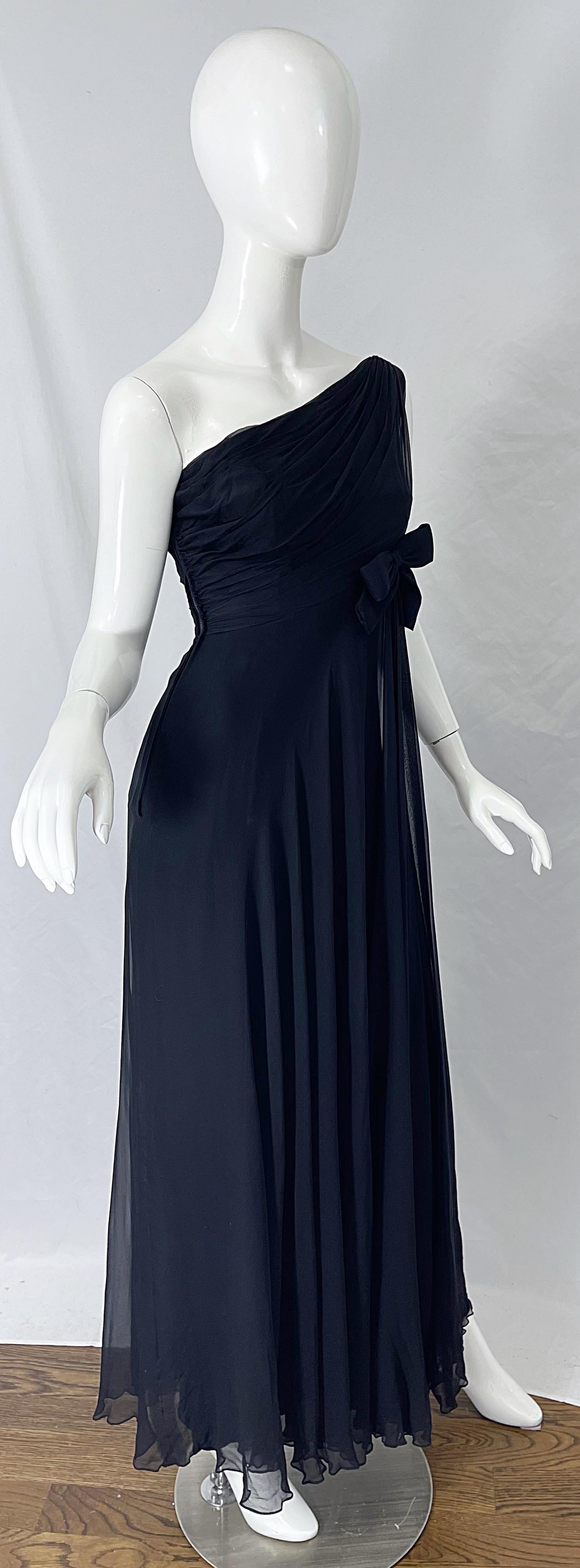 Malcolm Starr 1960s Black Silk Chiffon Grecian One Shoulder Vintage 60s Gown For Sale 6