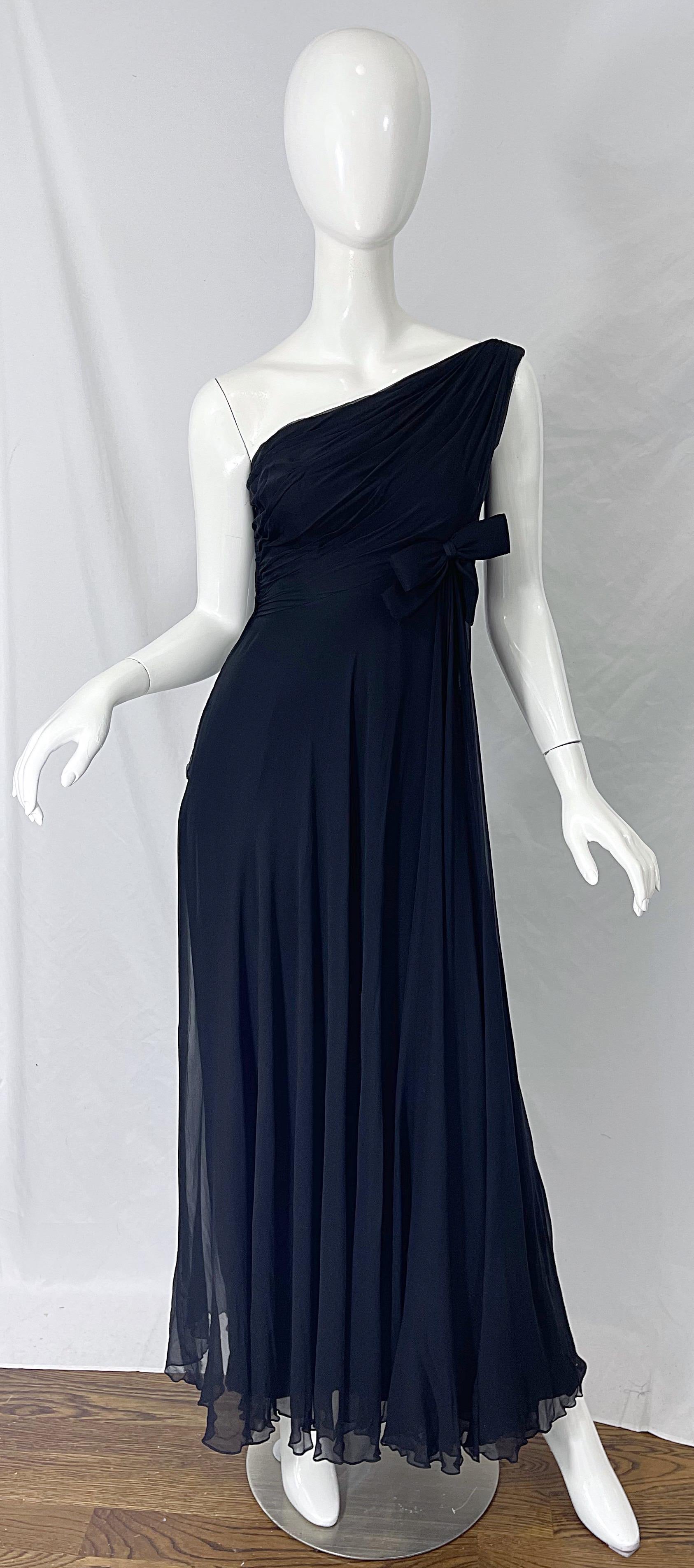 Malcolm Starr 1960s Black Silk Chiffon Grecian One Shoulder Vintage 60s Gown For Sale 10